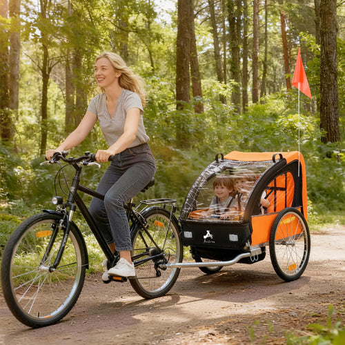 2-Seat Child Bike Trailer, Steel Frame, 5-Point Harness, Orange