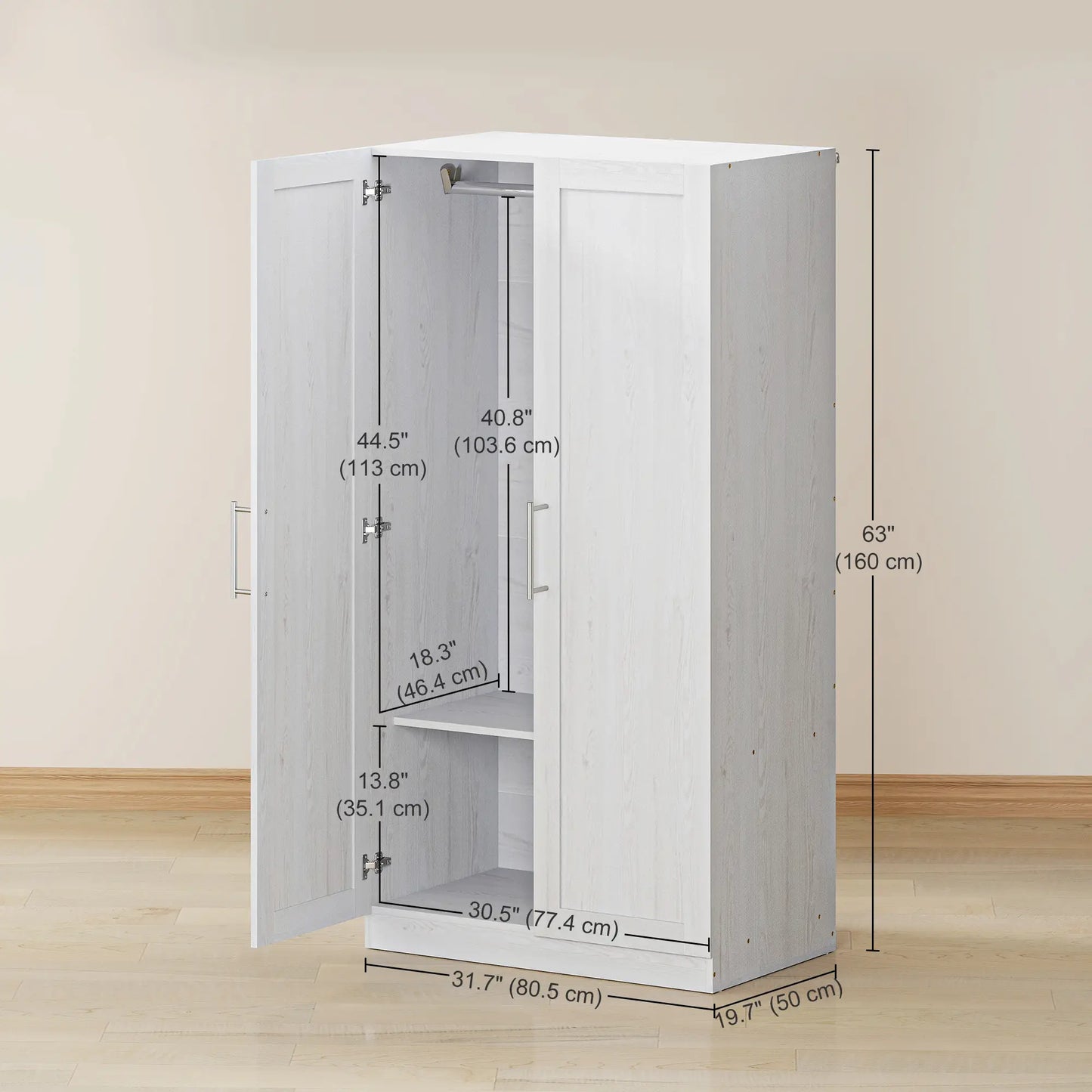 White Wood Effect Wardrobe Cabinet, 2 Doors With Hanging Rod, White Clothing Storage at Gallery Canada