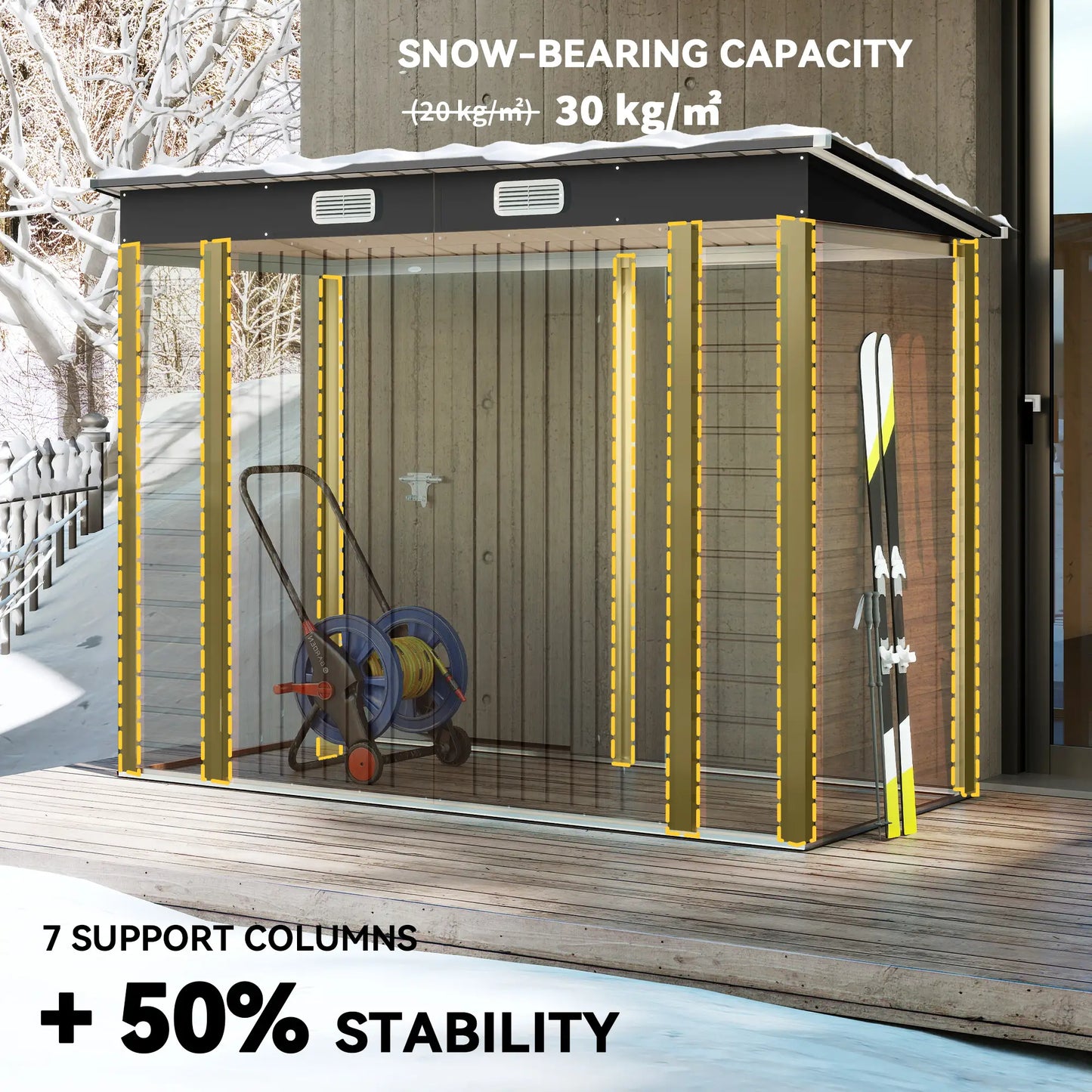 8 x 4FT Galvanized Metal Garden Storage Shed, Double Doors, 2 Vents, Teak