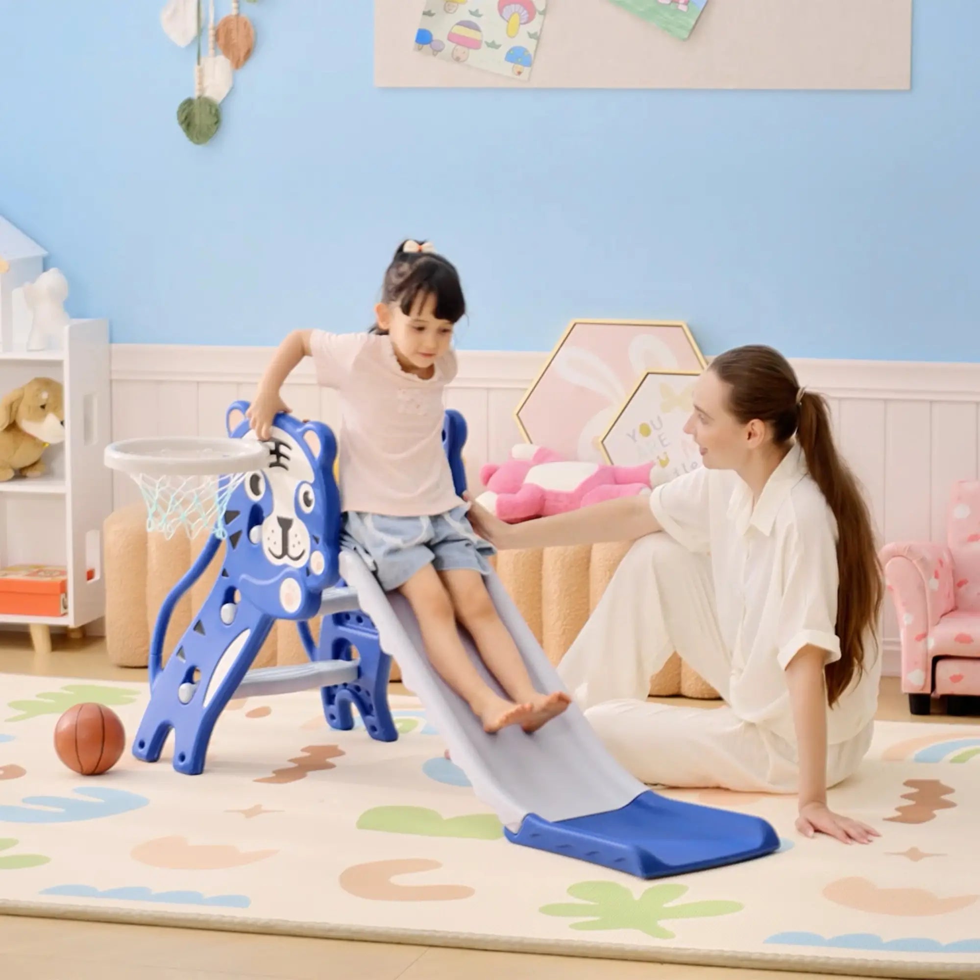 3 in 1 Toddler Slide, Basketball Hoop, Climber, 18-36 Months, Blue Gym Sets & Swings at Gallery Canada