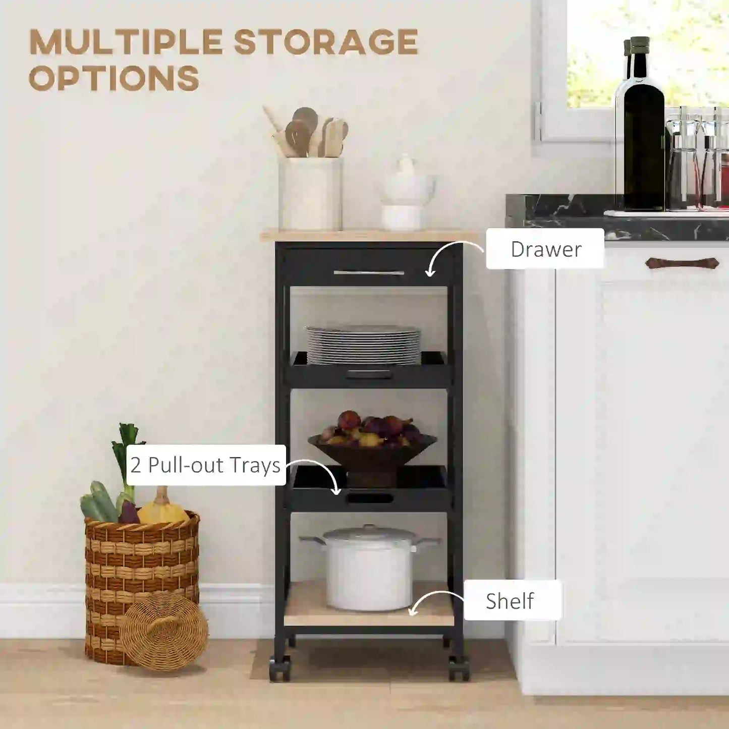 Kitchen Island Rolling Trolley, Utility Serving Cart with Drawer, Black Kitchen Islands & Kitchen Carts at Gallery Canada