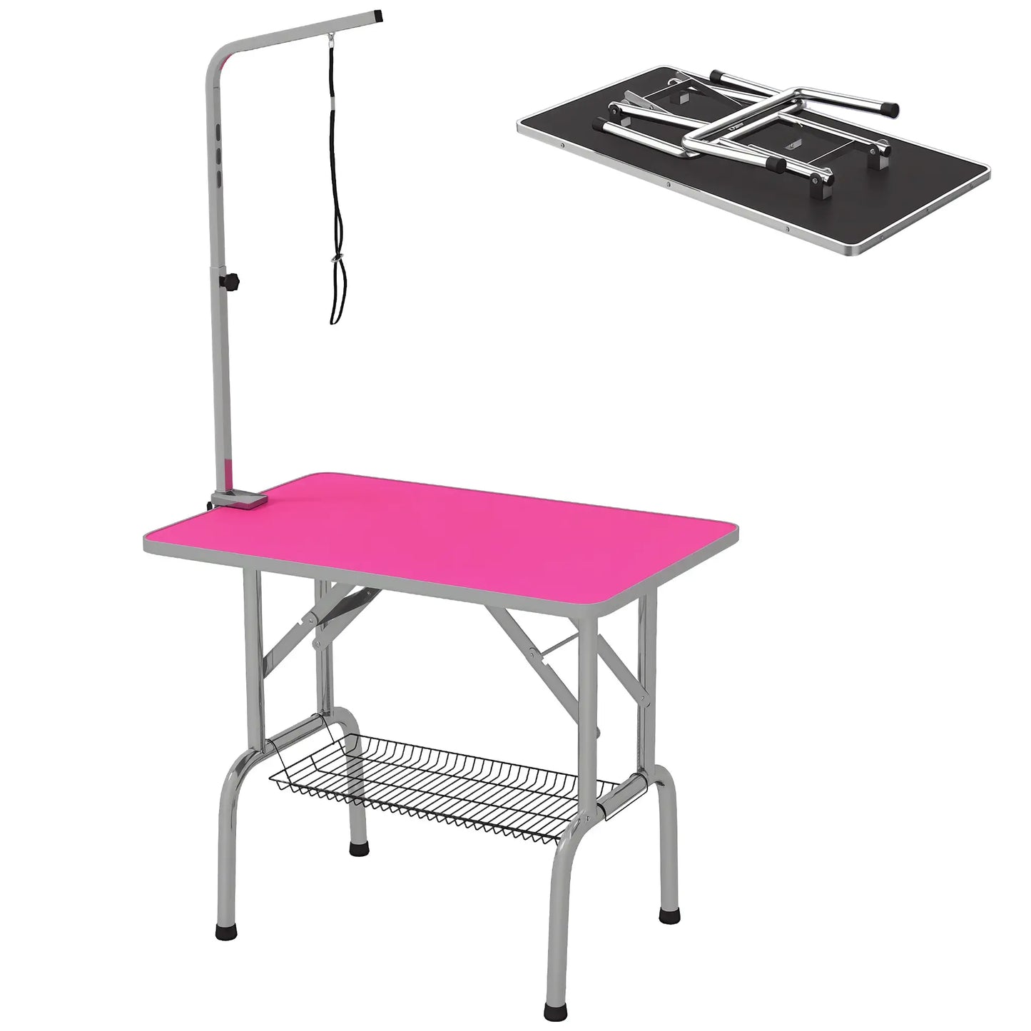 Foldable Dog Grooming Table, Height Adjustable Arm, Storage Shelf, Pink Dog Grooming Tables at Gallery Canada