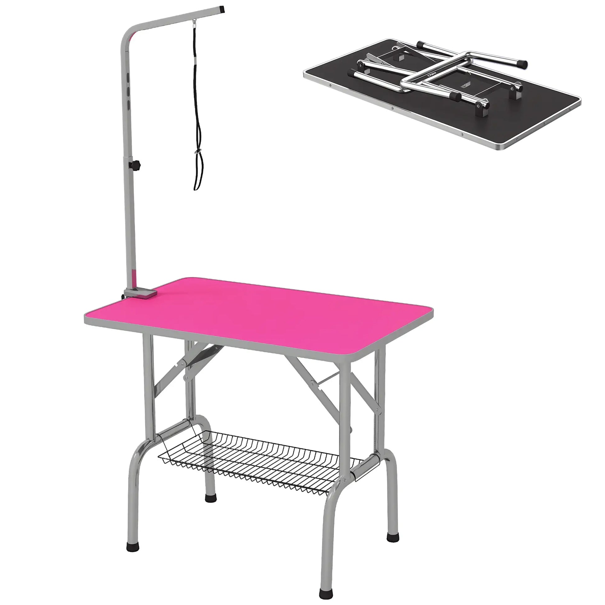 Foldable Dog Grooming Table, Height Adjustable Arm, Storage Shelf, Pink Dog Grooming Tables at Gallery Canada