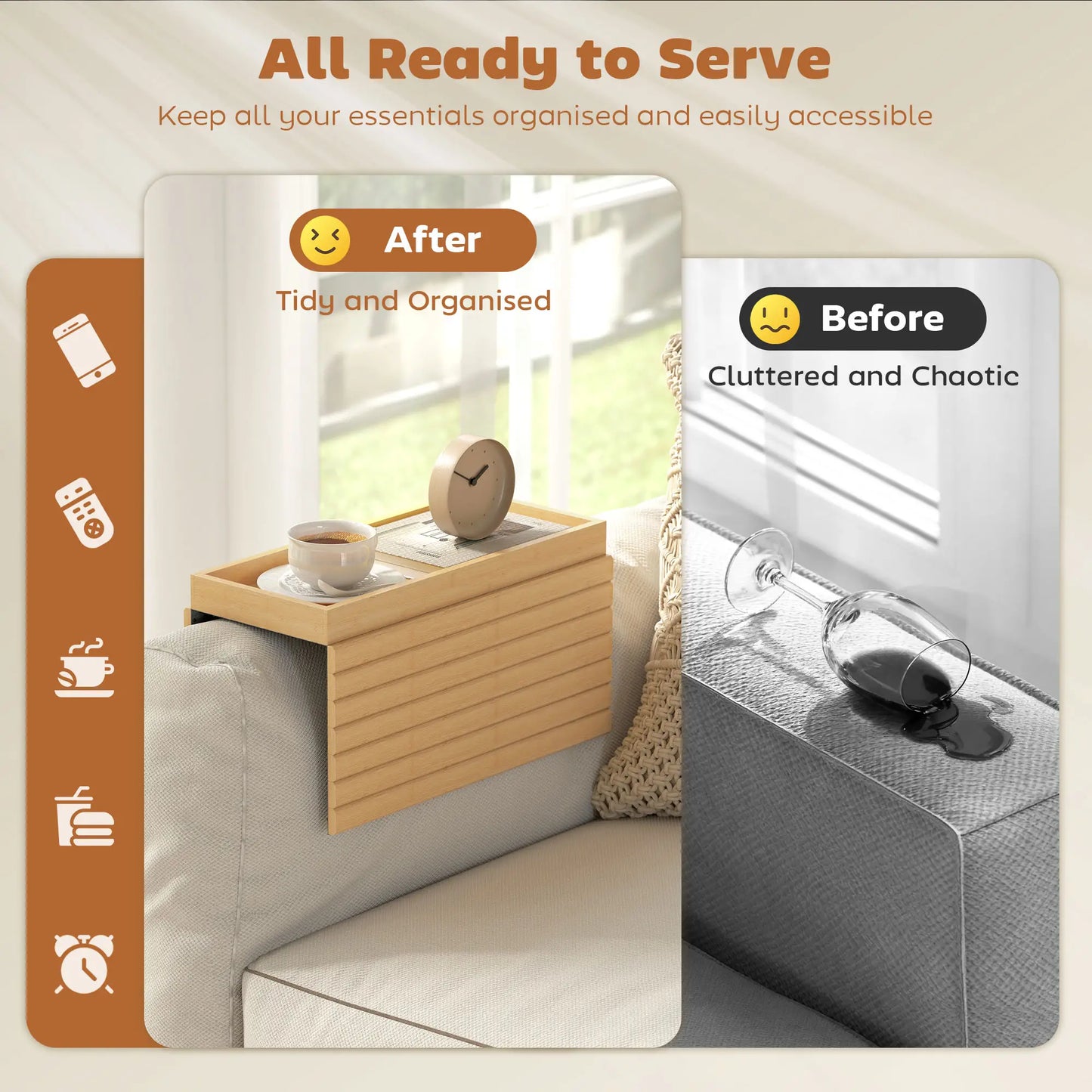 Bamboo Couch Arm Tray, Flexible Roll-up Design, Wide Compartment, Natural Living Room Furniture at Gallery Canada