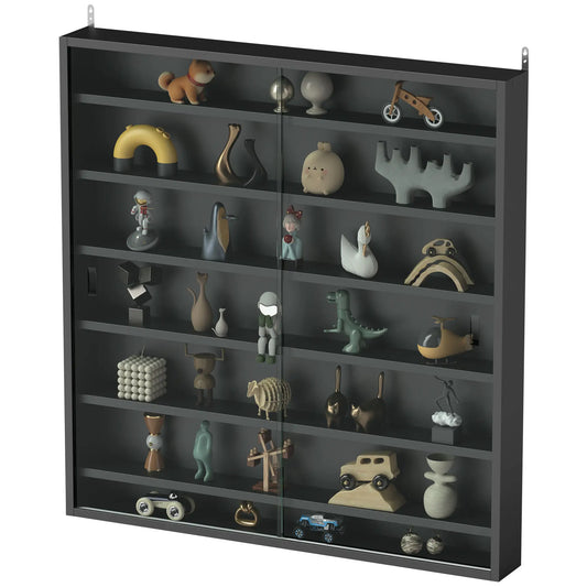 7-Tier Glass Display Cabinet, 2 Doors, 6 Adjustable Shelves, Black