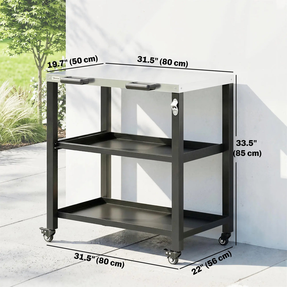 Outdoor Grill Cart, Stainless Steel Tabletop, 2 Shelves, Lockable Wheels