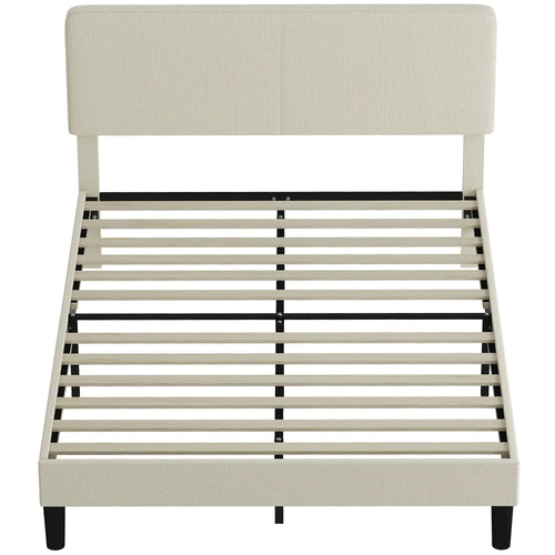 Queen Size Bed Frame, Adjustable Upholstered Headboard, Wood Slat Support, Light Grey