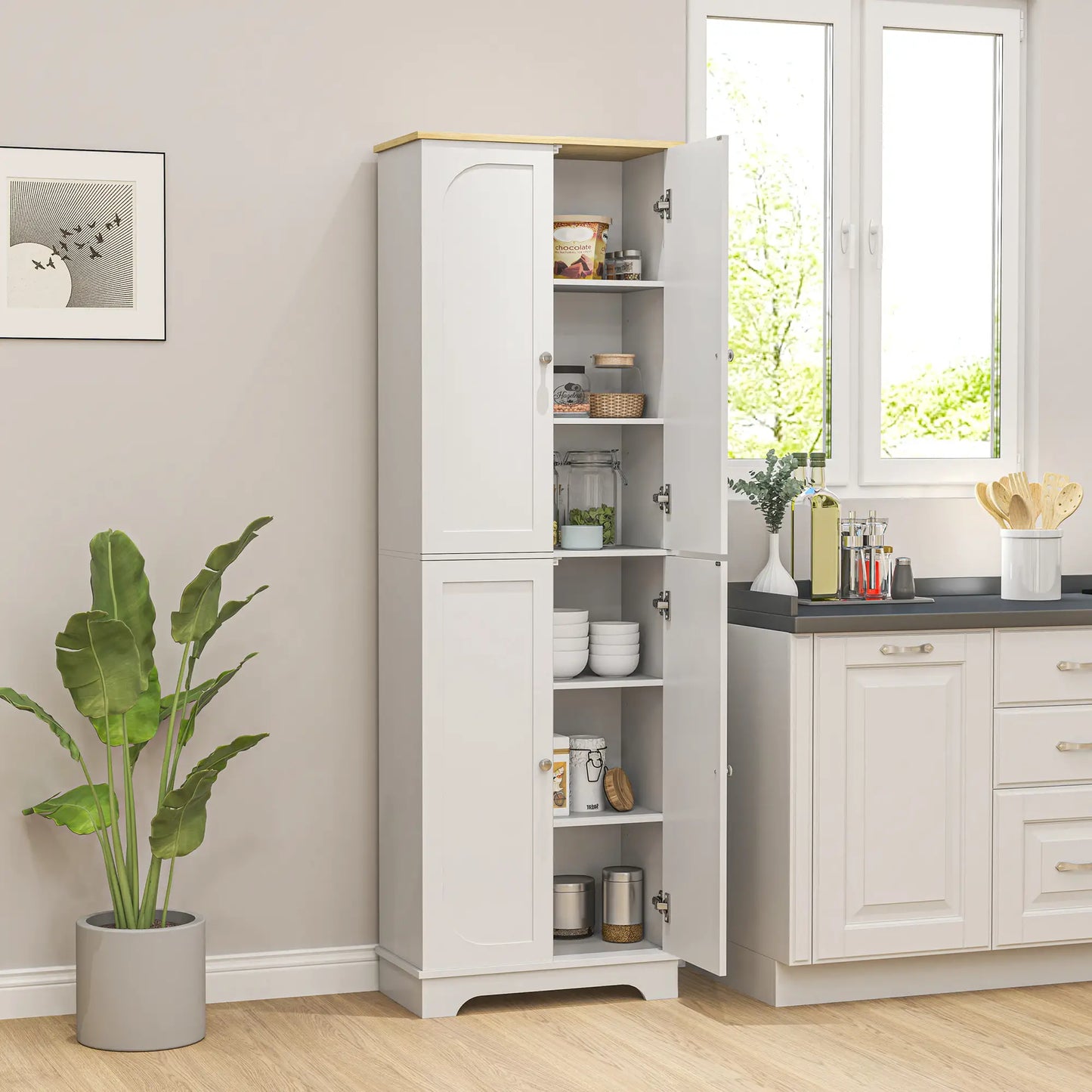 72" Tall Pantry Cabinet, Adjustable Shelves, 4 Doors, White Storage Cabinets at Gallery Canada