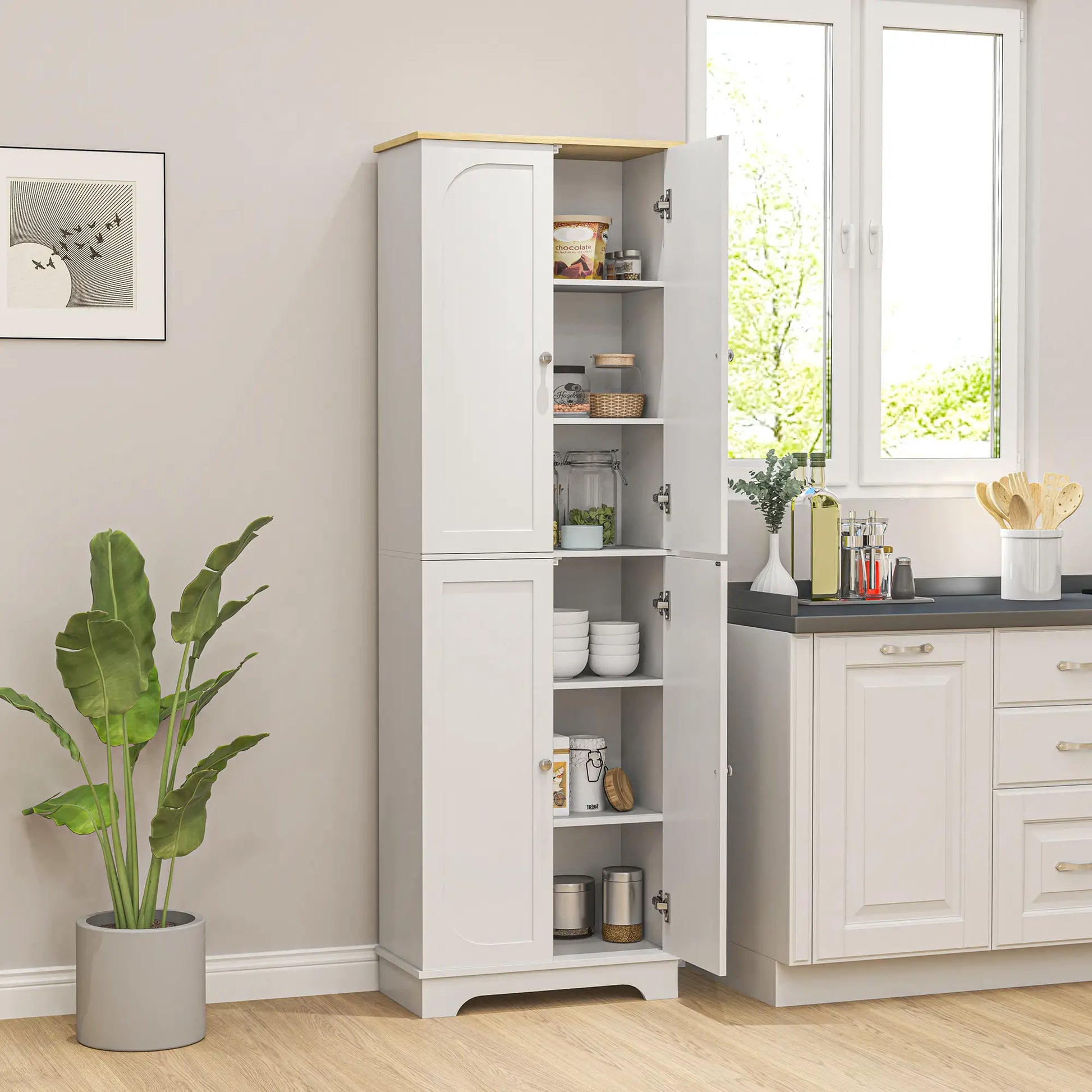 72" Tall Pantry Cabinet, Adjustable Shelves, 4 Doors, White Storage Cabinets at Gallery Canada