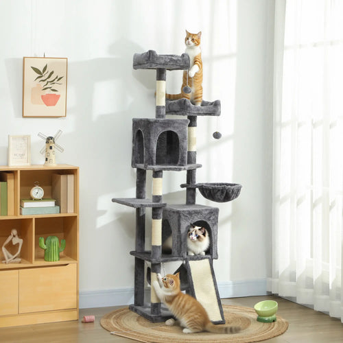 Cat Tree, 70 Inch Multi-Level Tower with Condos, Perches, Hammock, Dark Grey
