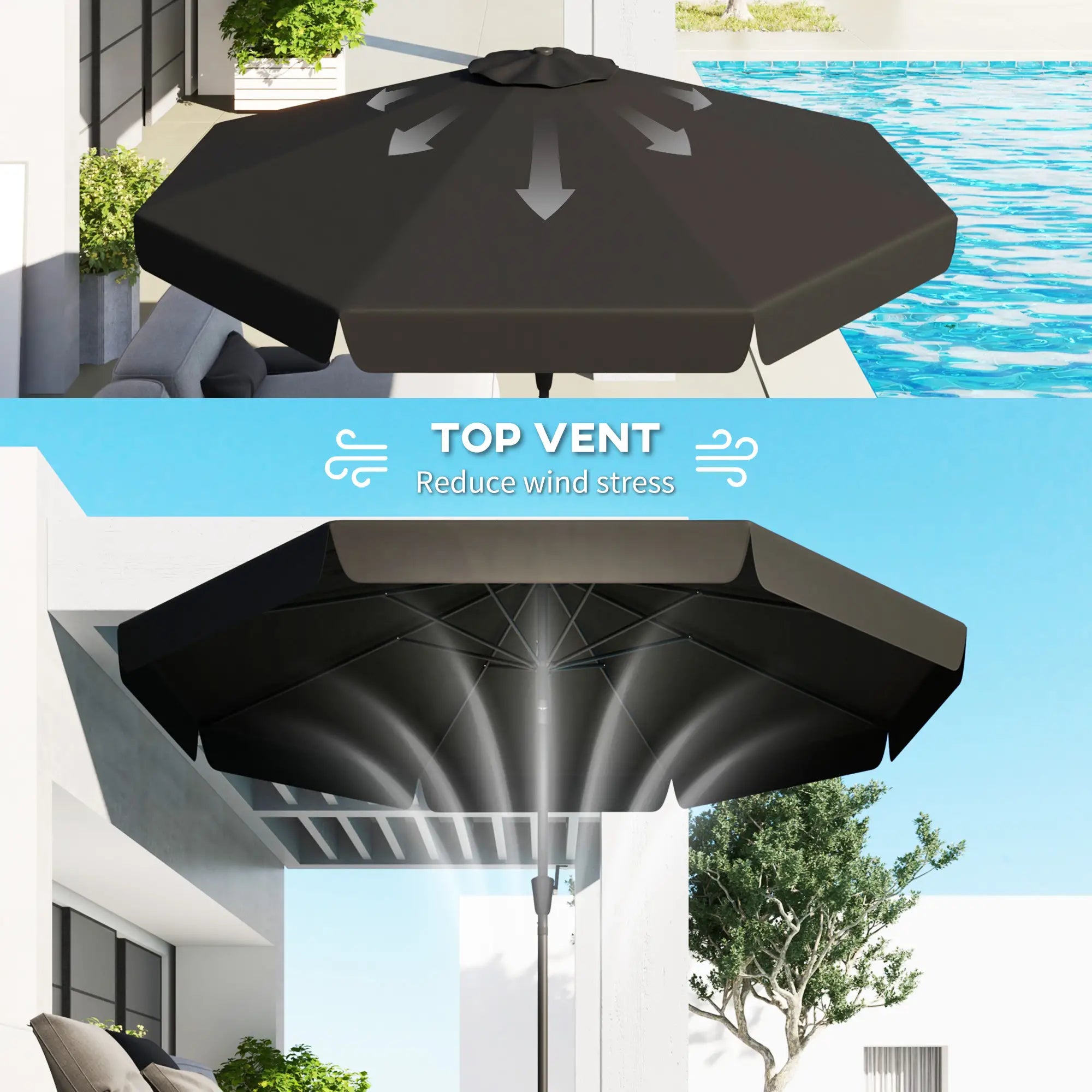 8.5 ft Round Patio Umbrella, Tilt and Crank, Black Sun Umbrellas at Gallery Canada