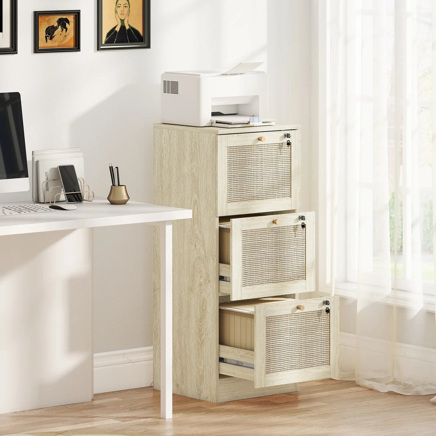 3 Drawer Filing Cabinet with Lock, Boho File Cabinet, A4 Letter Size, Oak Office Cabinets & Cupboards at Gallery Canada