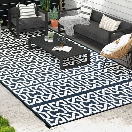 Reversible Outdoor Rug, Waterproof, 9' x 18', Chain, Black and White