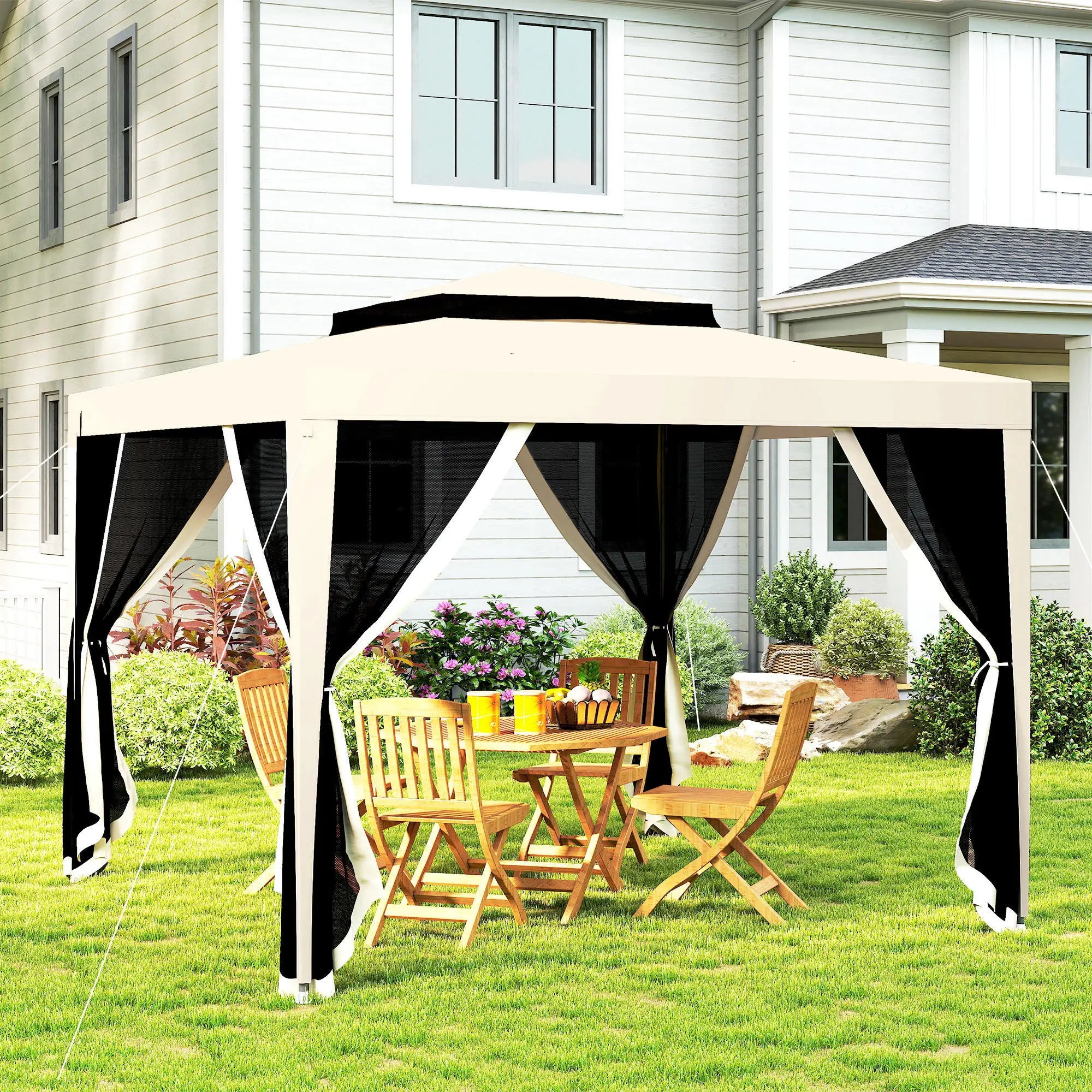 10' x 10' Outdoor Canopy Tent With Mesh Netting, Double Tier Roof, Beige Gazebos at Gallery Canada
