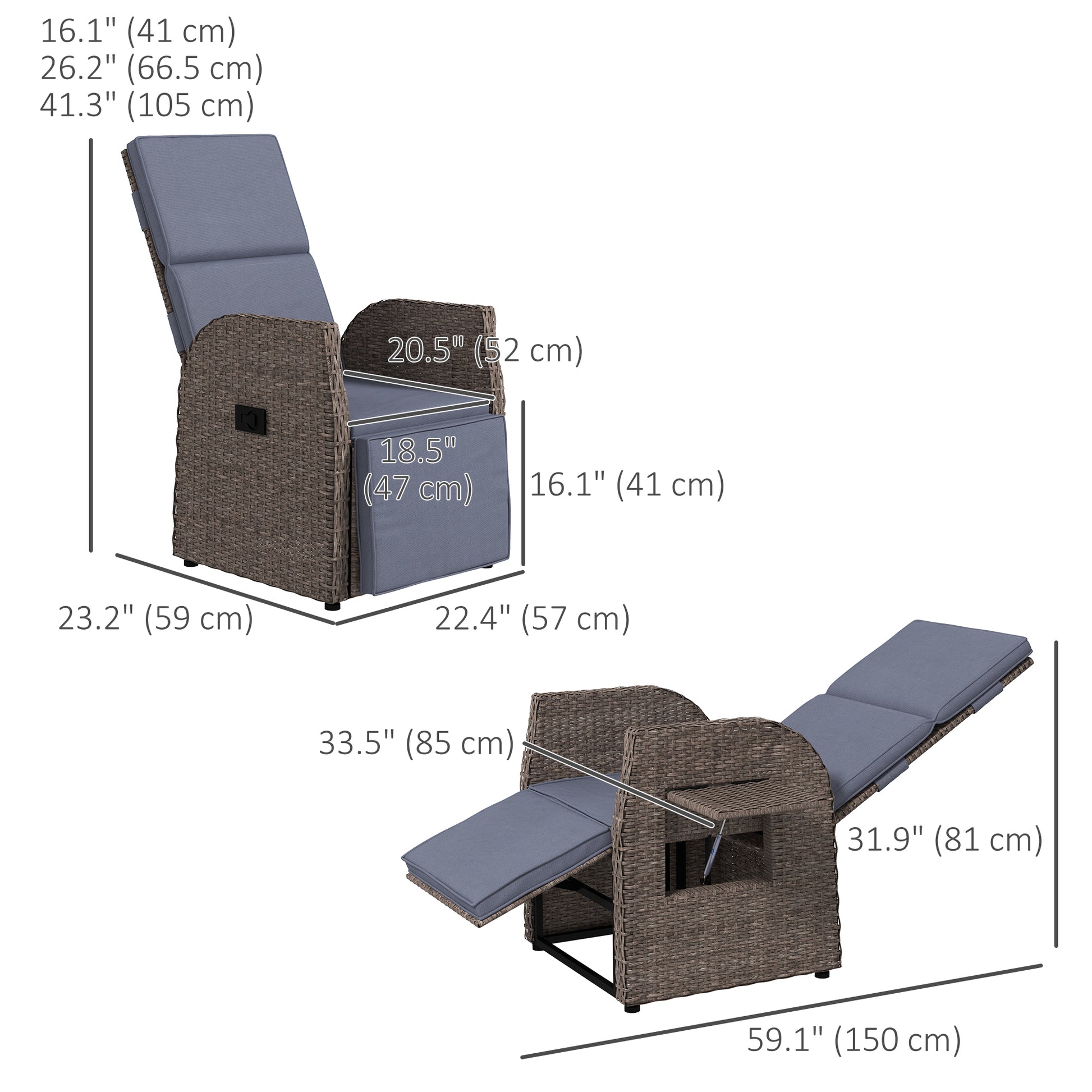 Outdoor Recliner Chair with Adjustable Backrest &; Footrest, Cushion, Side Tray, Grey at Gallery Canada