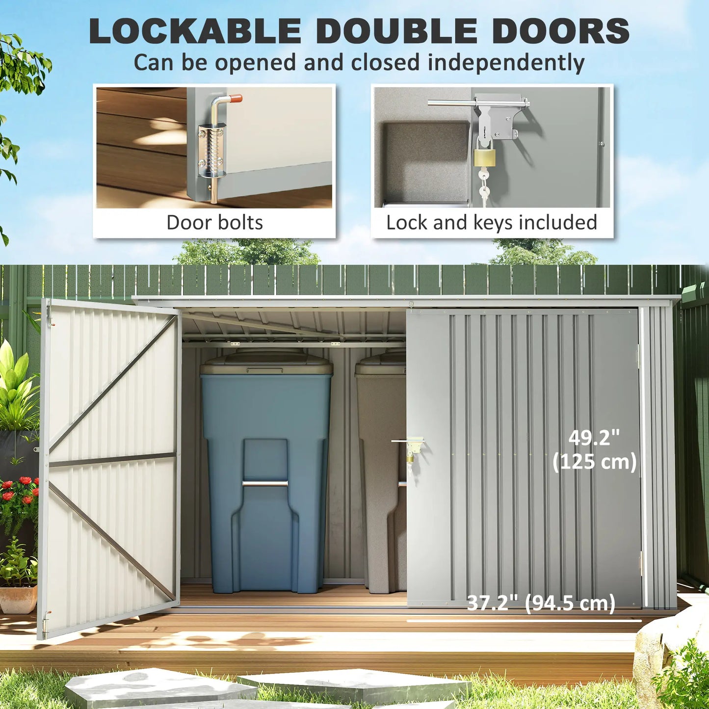 7.6 x 3.4ft Storage Shed, 3 Bin Organizer, Lockable Doors, Silver Grey