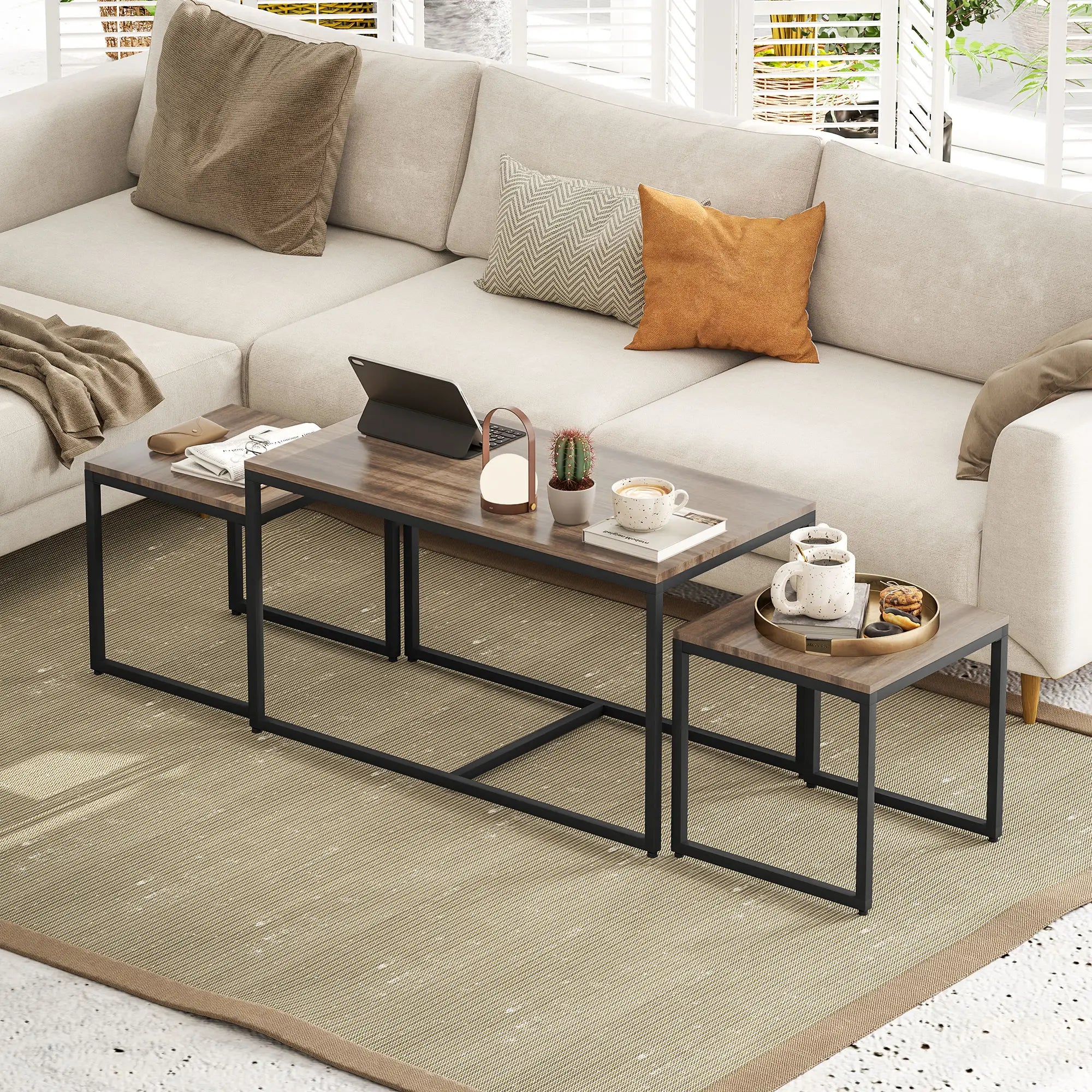 Nesting Coffee Table Set of 3, Black Metal Frame, 3-Piece, Brown Coffee Tables at Gallery Canada