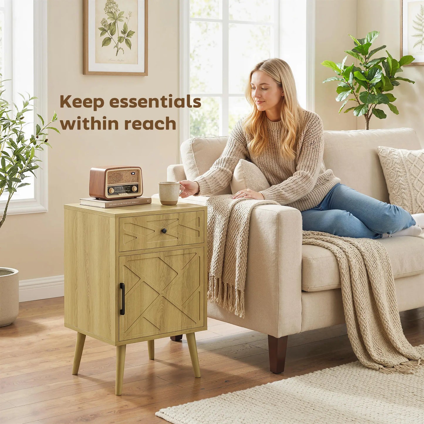 Nightstand Set Of 2, Oak, With Drawer And Cabinet Storage Side Tables at Gallery Canada