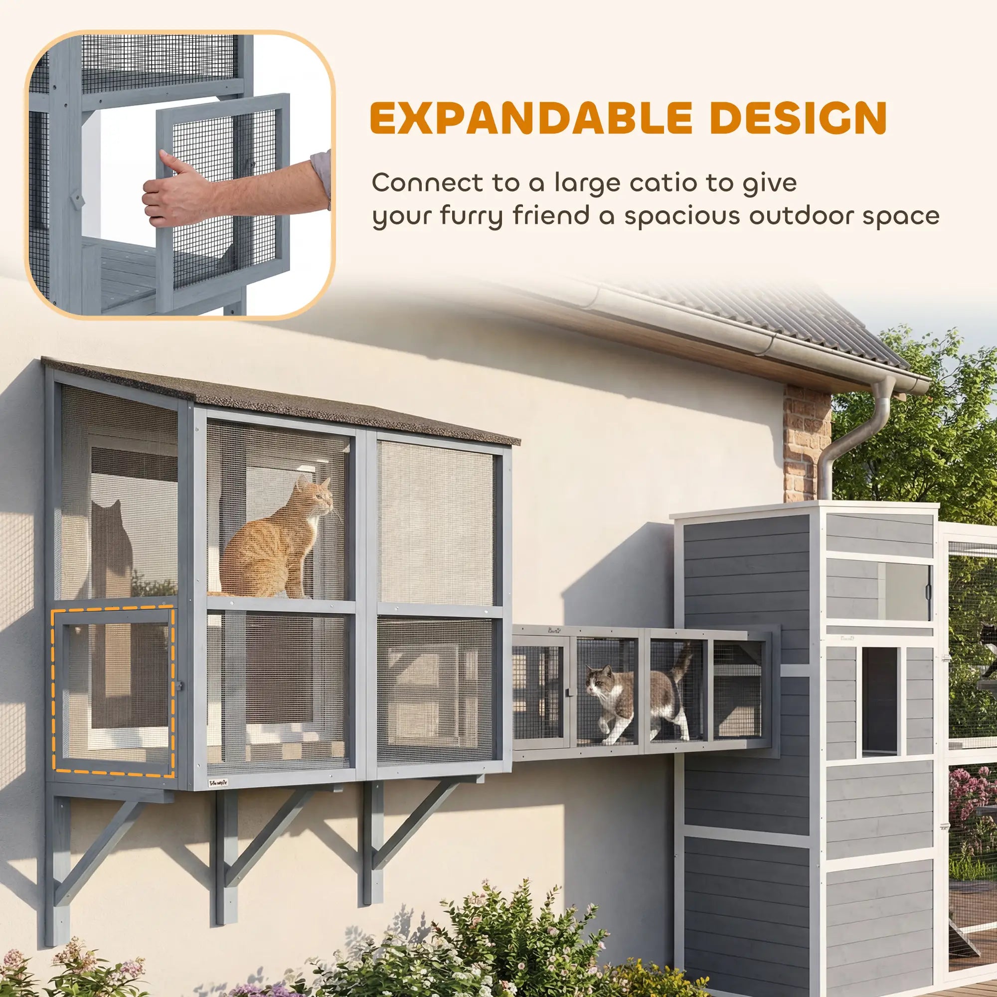 Outdoor Cat Enclosure, Wall-Mounted 2-Level Cat House, Waterproof Roof, 51.2
