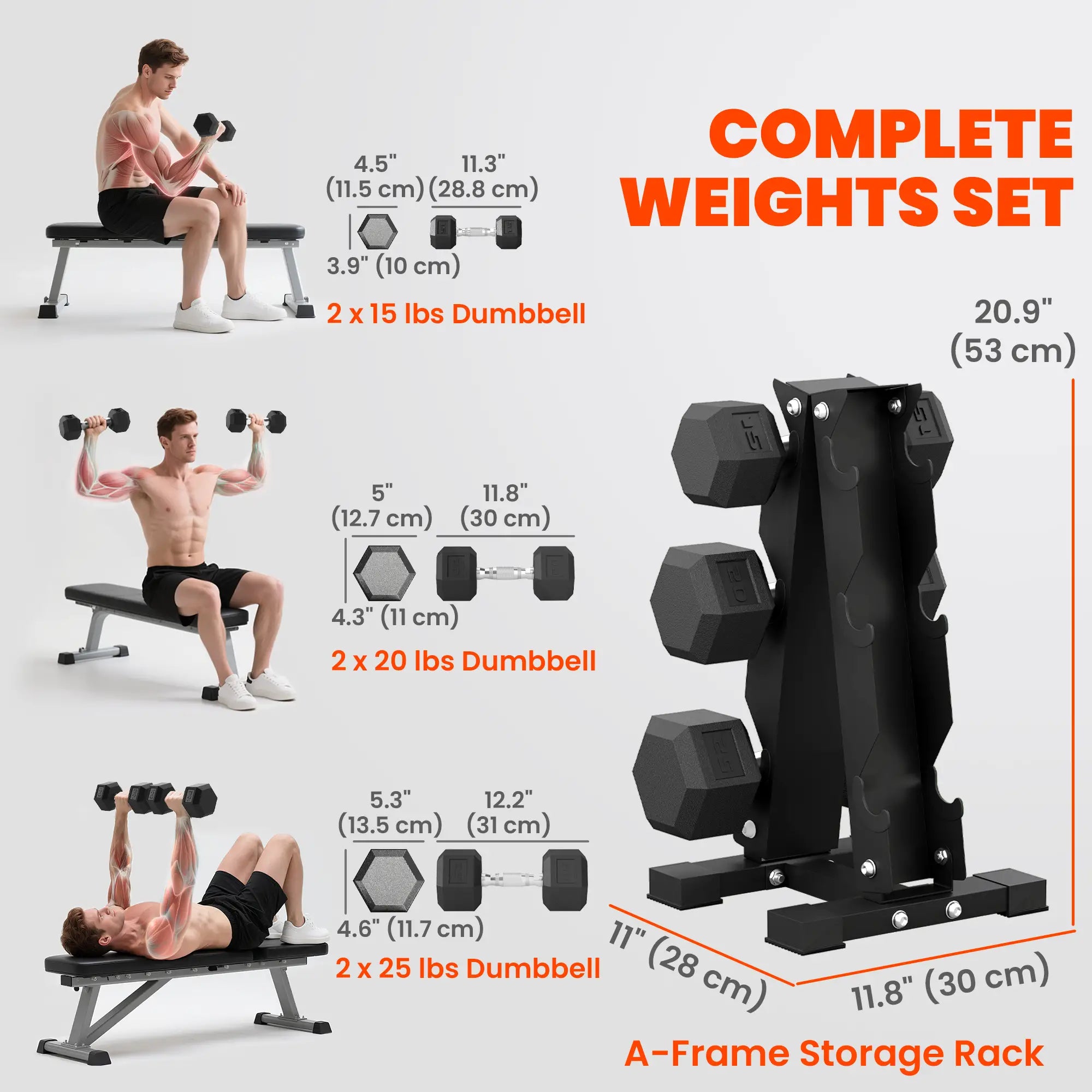 120Lbs Rubber Coated Hex Dumbbell Set With Vertical Rack, Rubber Dumbbells & Barbells at Gallery Canada