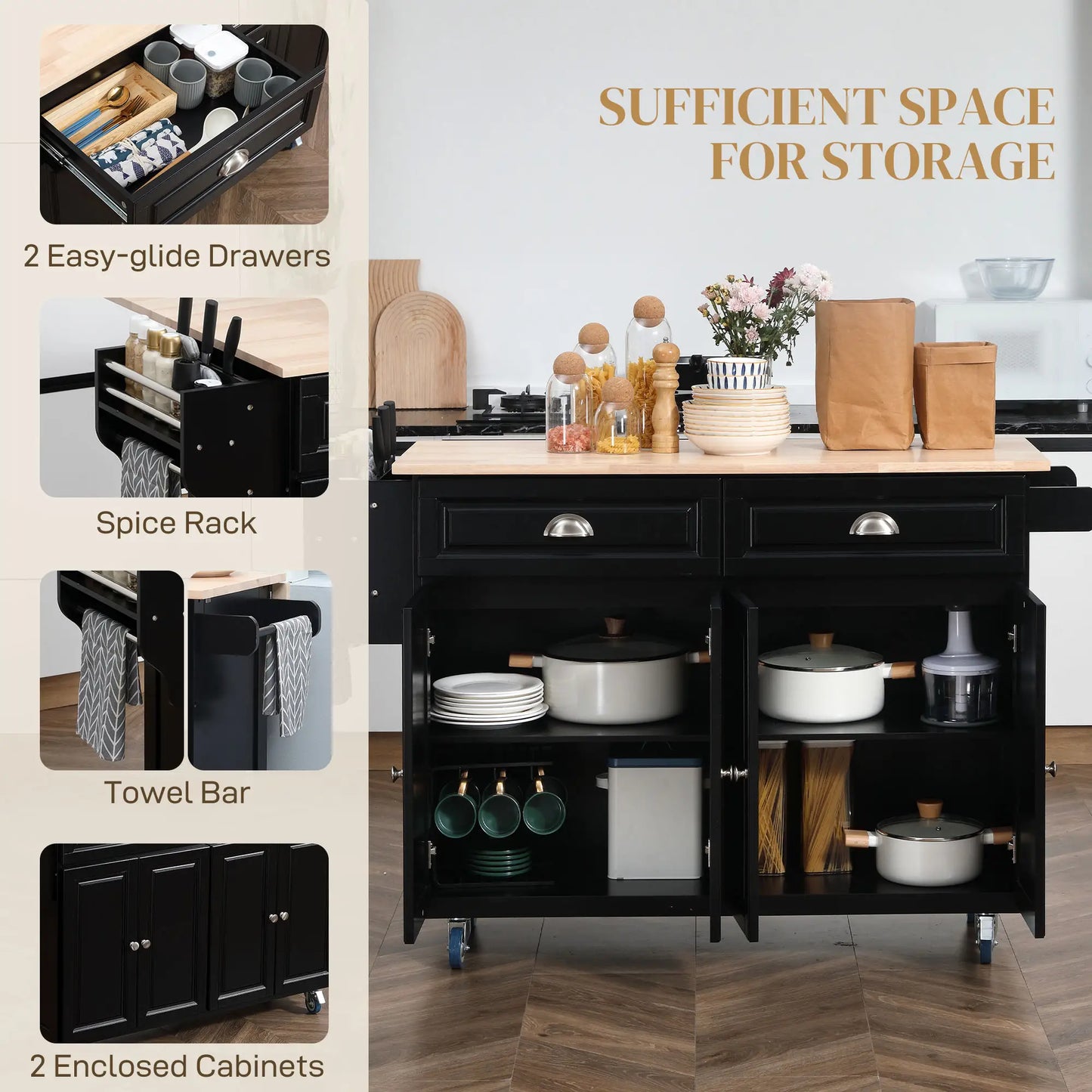 Kitchen Island with Storage, Drop Leaf, Rubber Wood Top, Black Kitchen Islands & Kitchen Carts at Gallery Canada