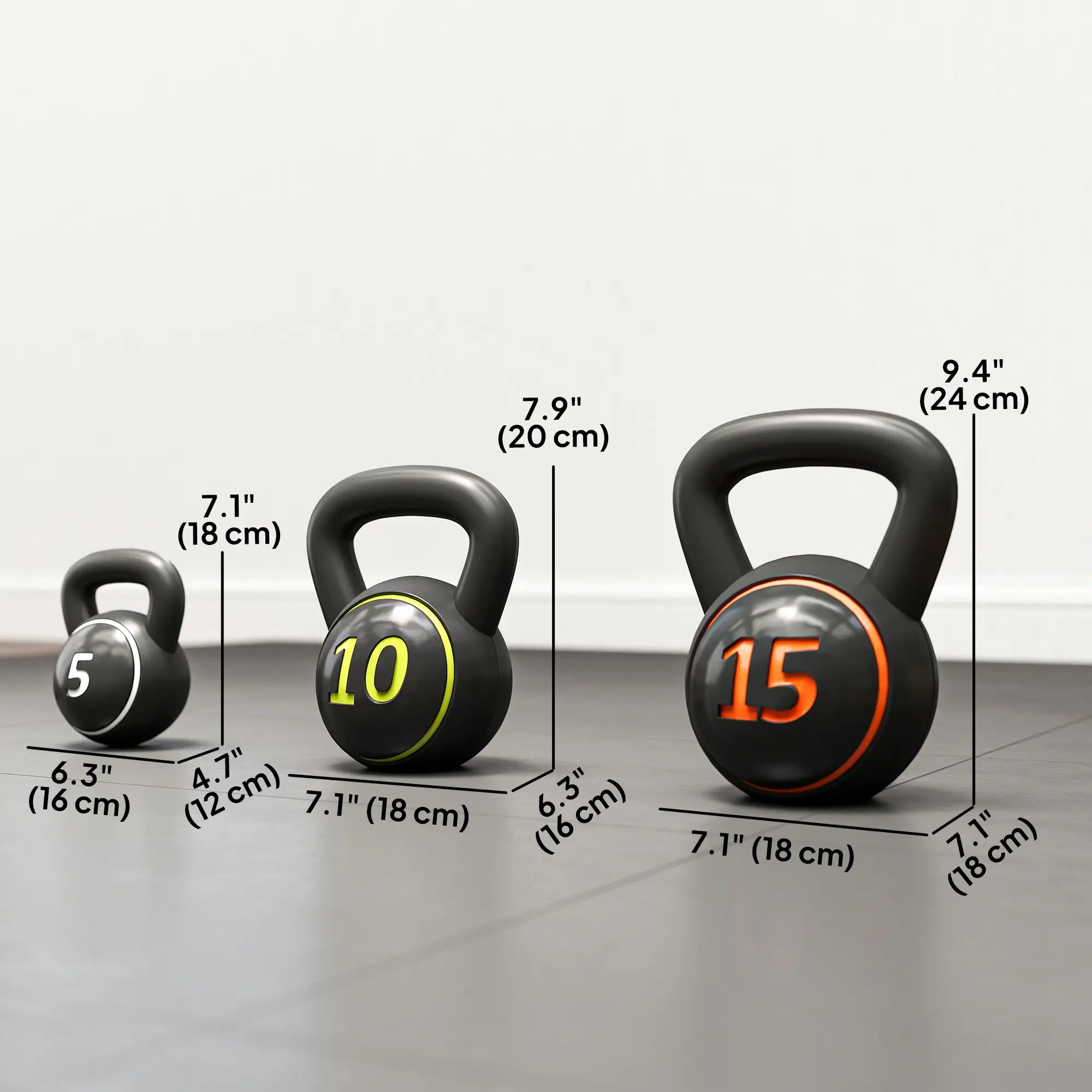 Three-Piece Kettlebell Set, 5lbs, 10lbs, 15lbs, with Stand Strength Training Equipment at Gallery Canada
