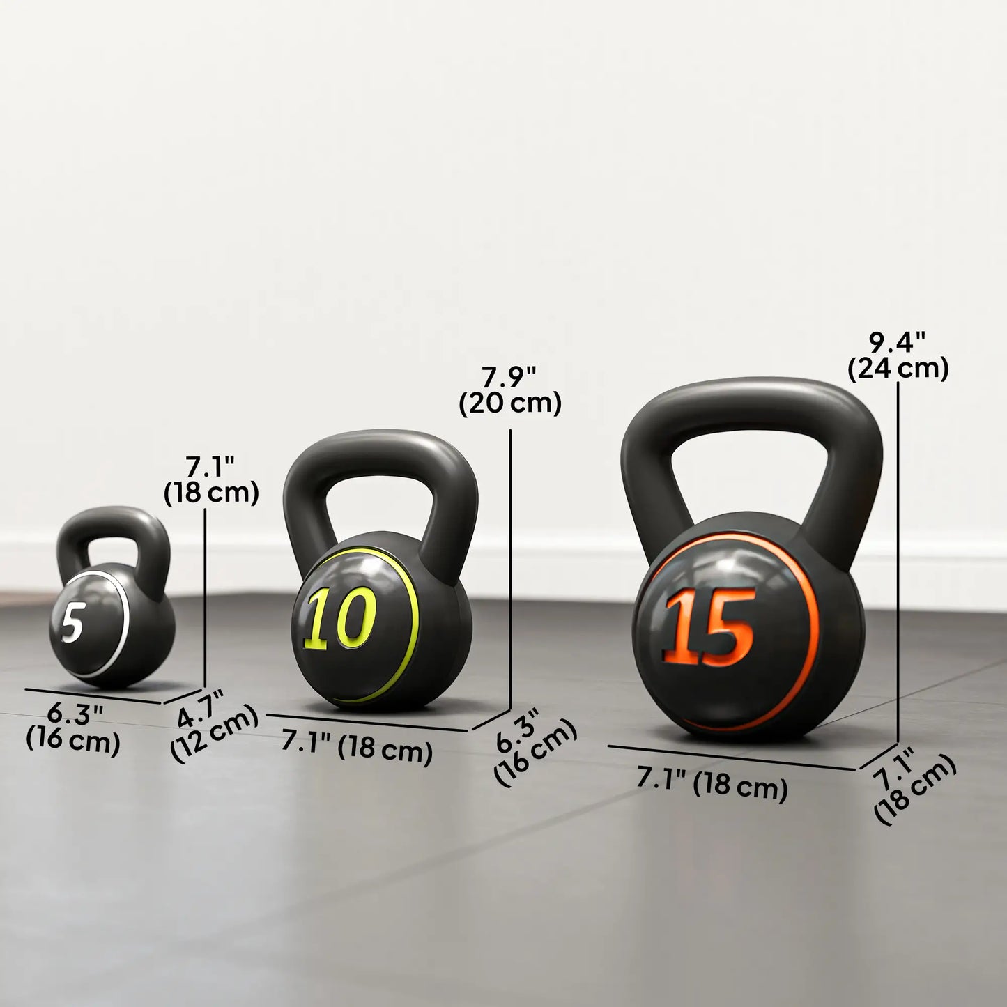 Three-Piece Kettlebell Set, 5lbs, 10lbs, 15lbs, with Stand Strength Training Equipment at Gallery Canada