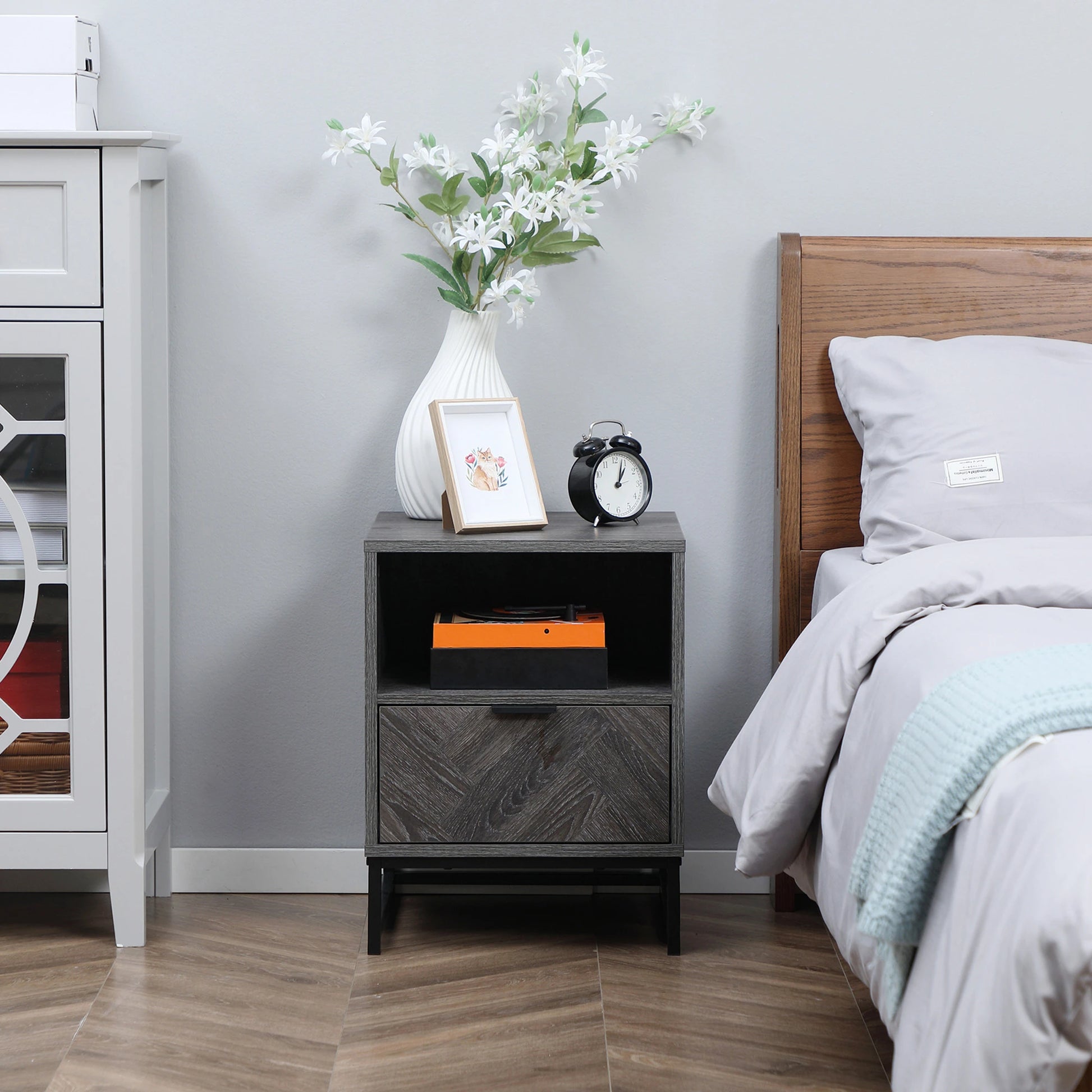 Modern Bedside Table with Drawer, Open Shelf, Dark Grey Bedside Tables at Gallery Canada