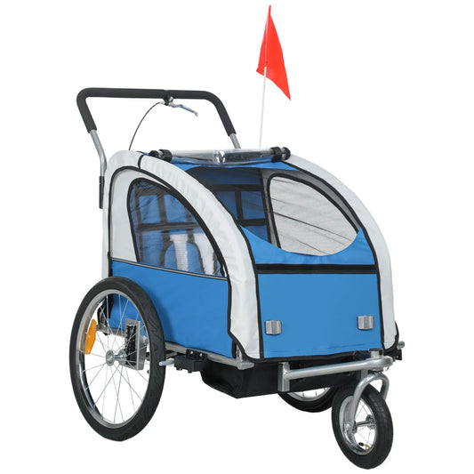 2-in-1 Bike Trailer for Kids, Foldable 2-Seat Stroller, Blue Kids Bike Trailers Blue, White, Silver at Gallery Canada