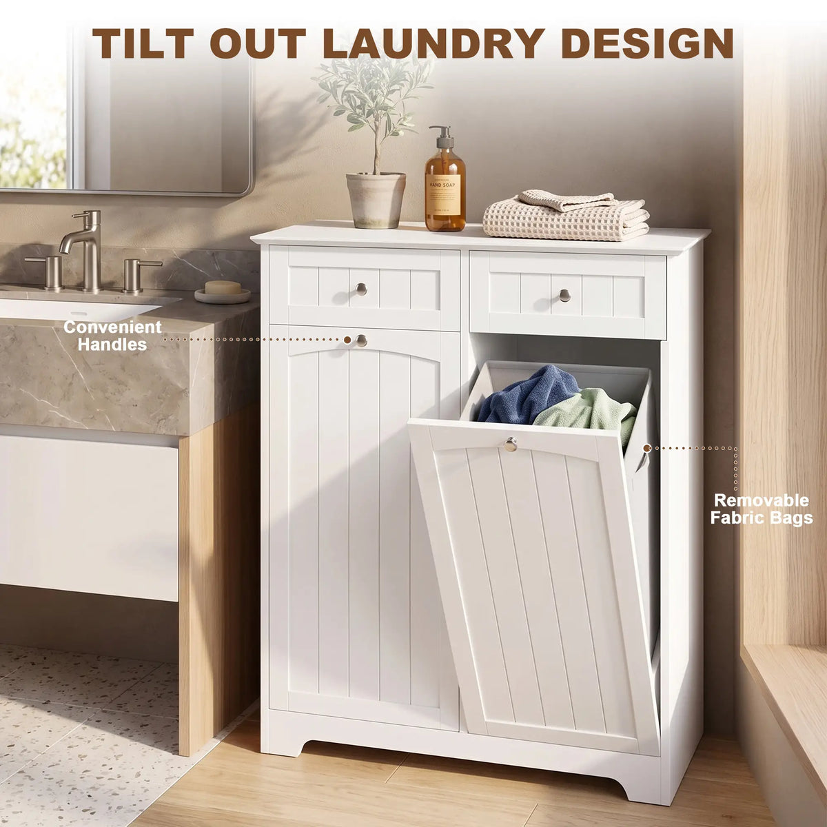 Laundry Cabinet, 2 Removable Bags, Tilt-Out Hamper, 2 Drawers, White