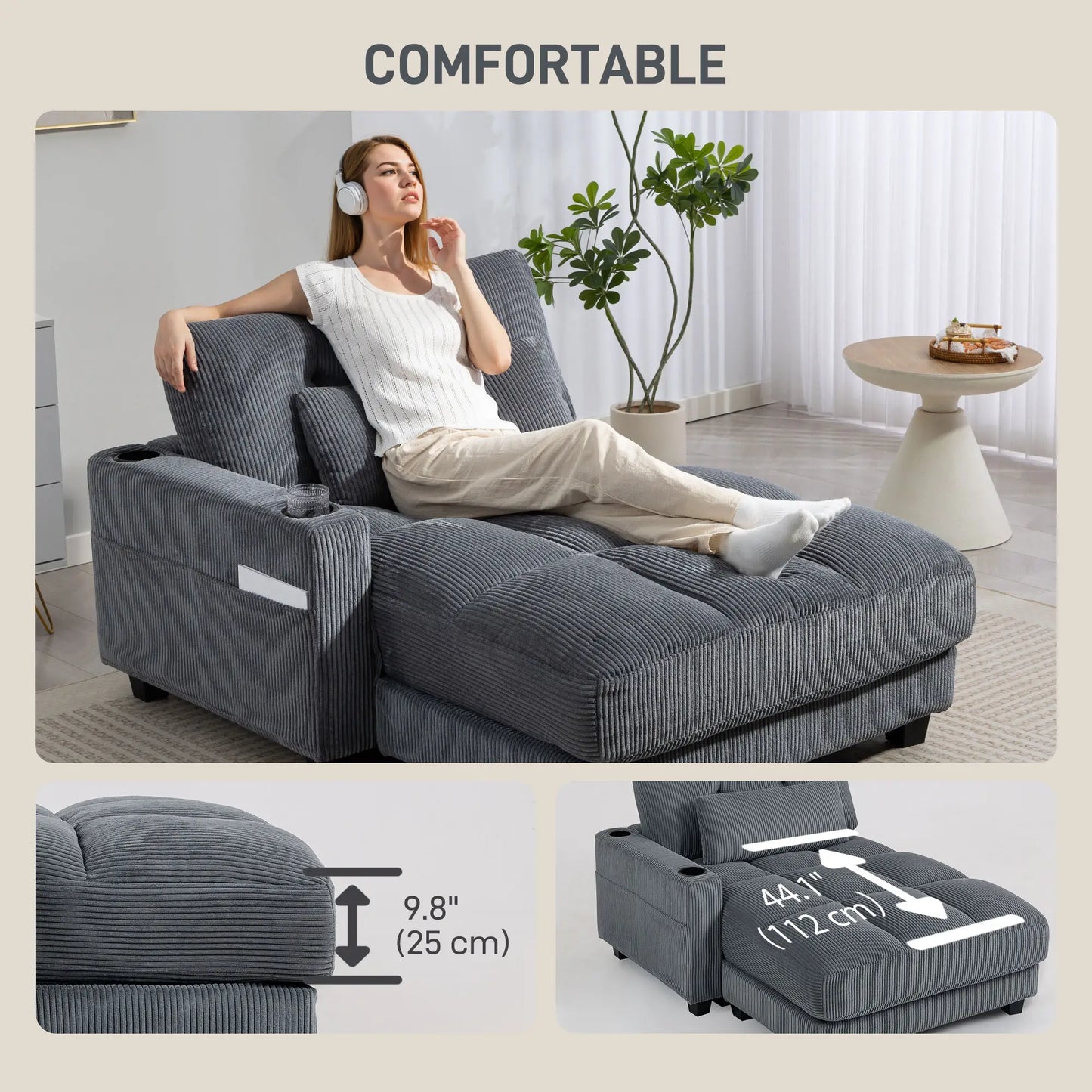 58 Inch Chaise Lounge, Oversized Corduroy Sofa Bed, Dark Grey Sofas & Reclining Chairs at Gallery Canada