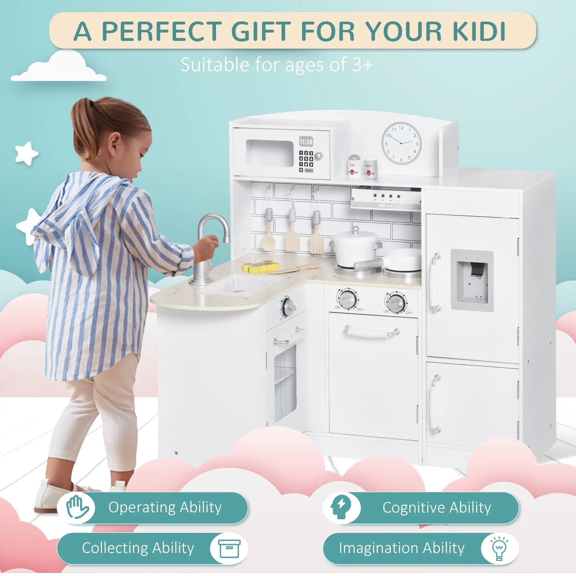 Kids Kitchen Play Set, Drinking Fountain, Microwave, White Play Kitchen at Gallery Canada
