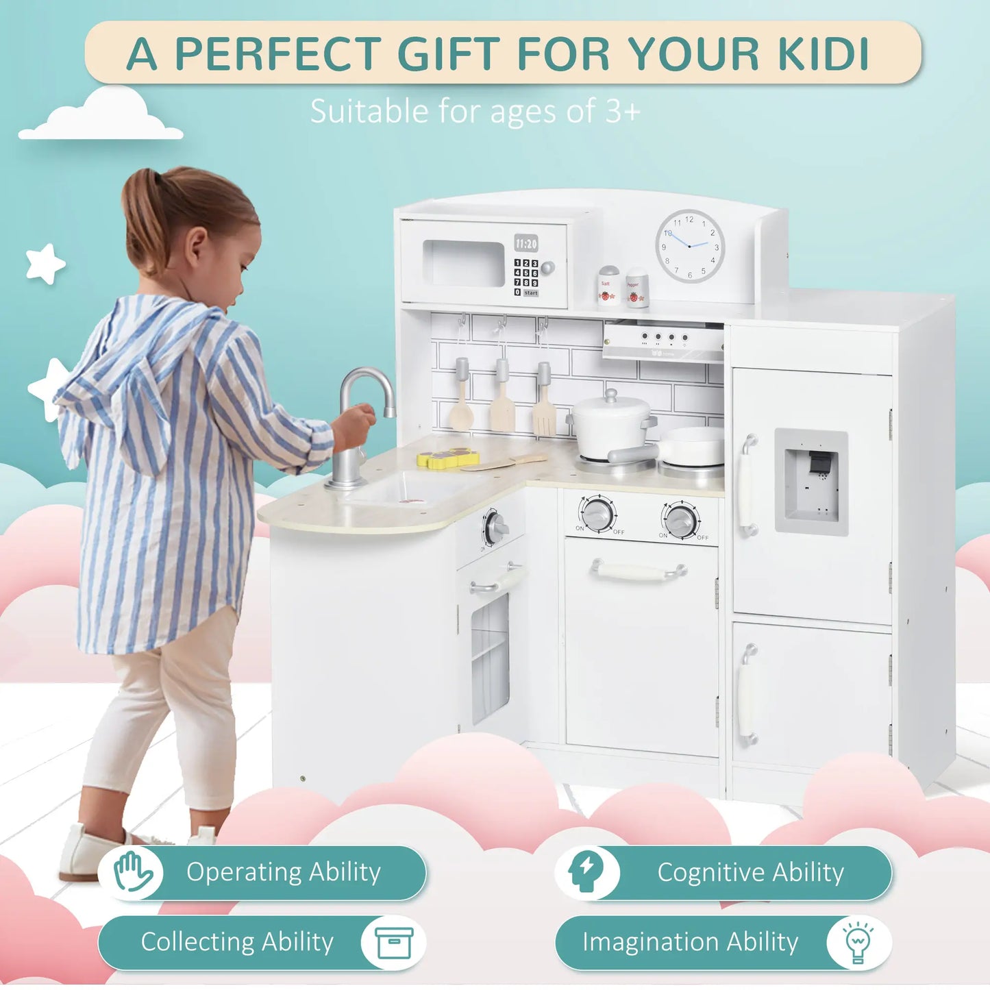 Kids Kitchen Play Set, Drinking Fountain, Microwave, White Play Kitchen at Gallery Canada