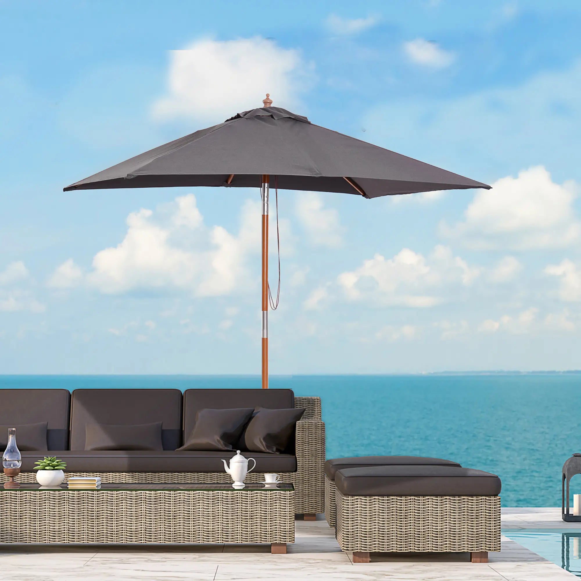 6.6x5ft Square Market Parasol, Wooden Patio Umbrella, Tilt Mechanism, 6 Bamboo Ribs, Dark Grey Sun Umbrellas at Gallery Canada