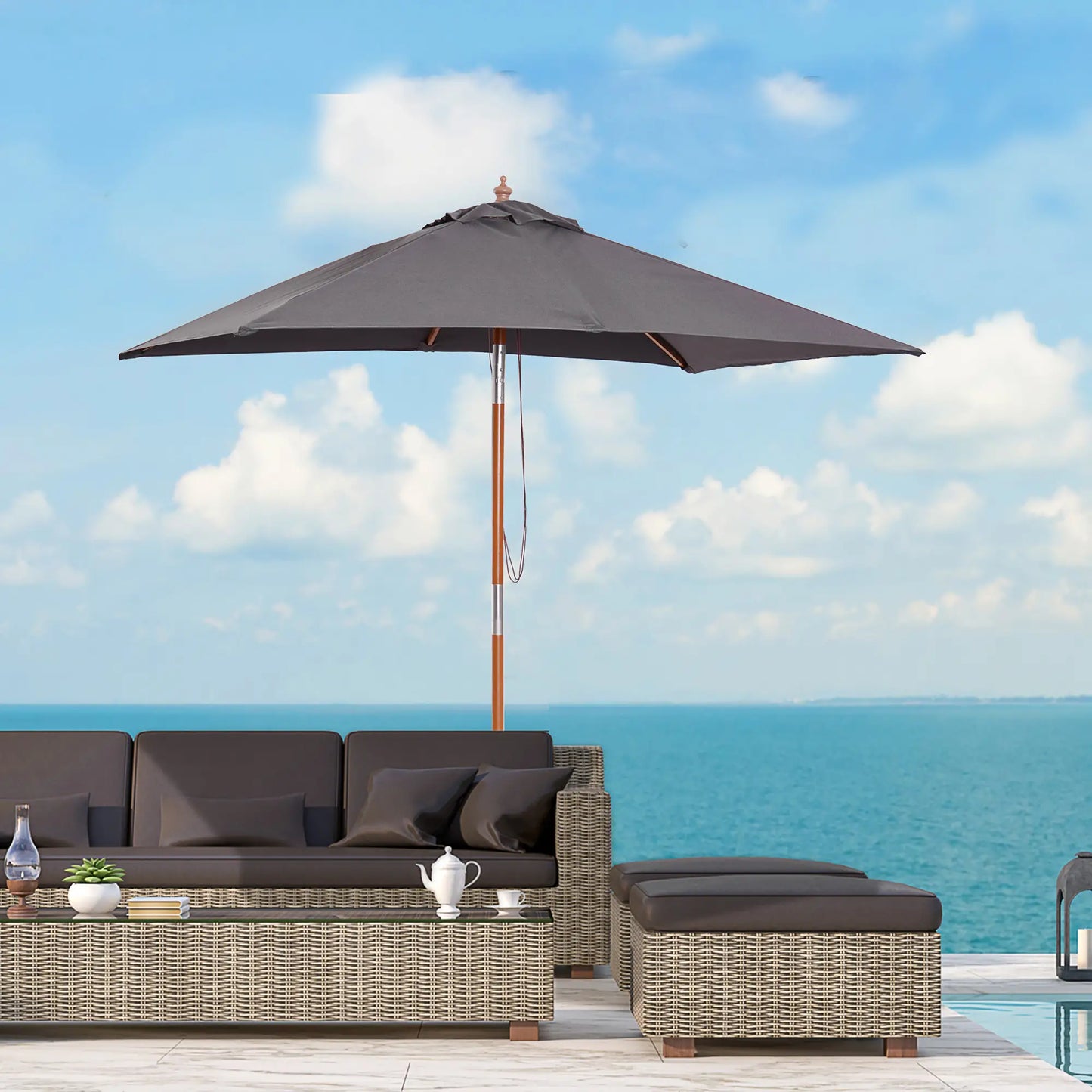 6.6x5ft Square Market Parasol, Wooden Patio Umbrella, Tilt Mechanism, 6 Bamboo Ribs, Dark Grey Sun Umbrellas at Gallery Canada