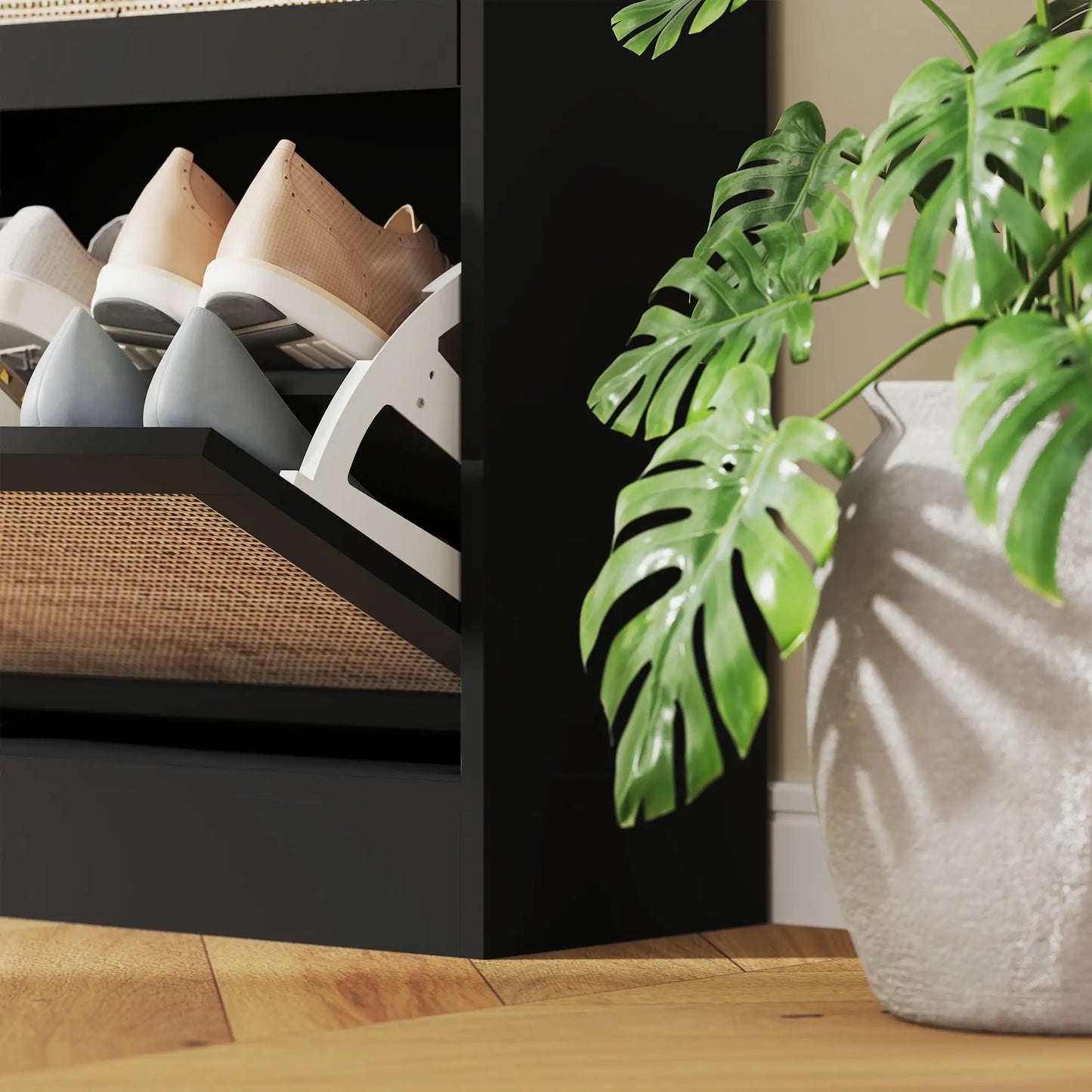 Rattan Shoe Storage Cabinet, 3 Flip Drawers, Adjustable Shelves, 18 Pairs, Black Shoe Storage Cabinets & Racks at Gallery Canada