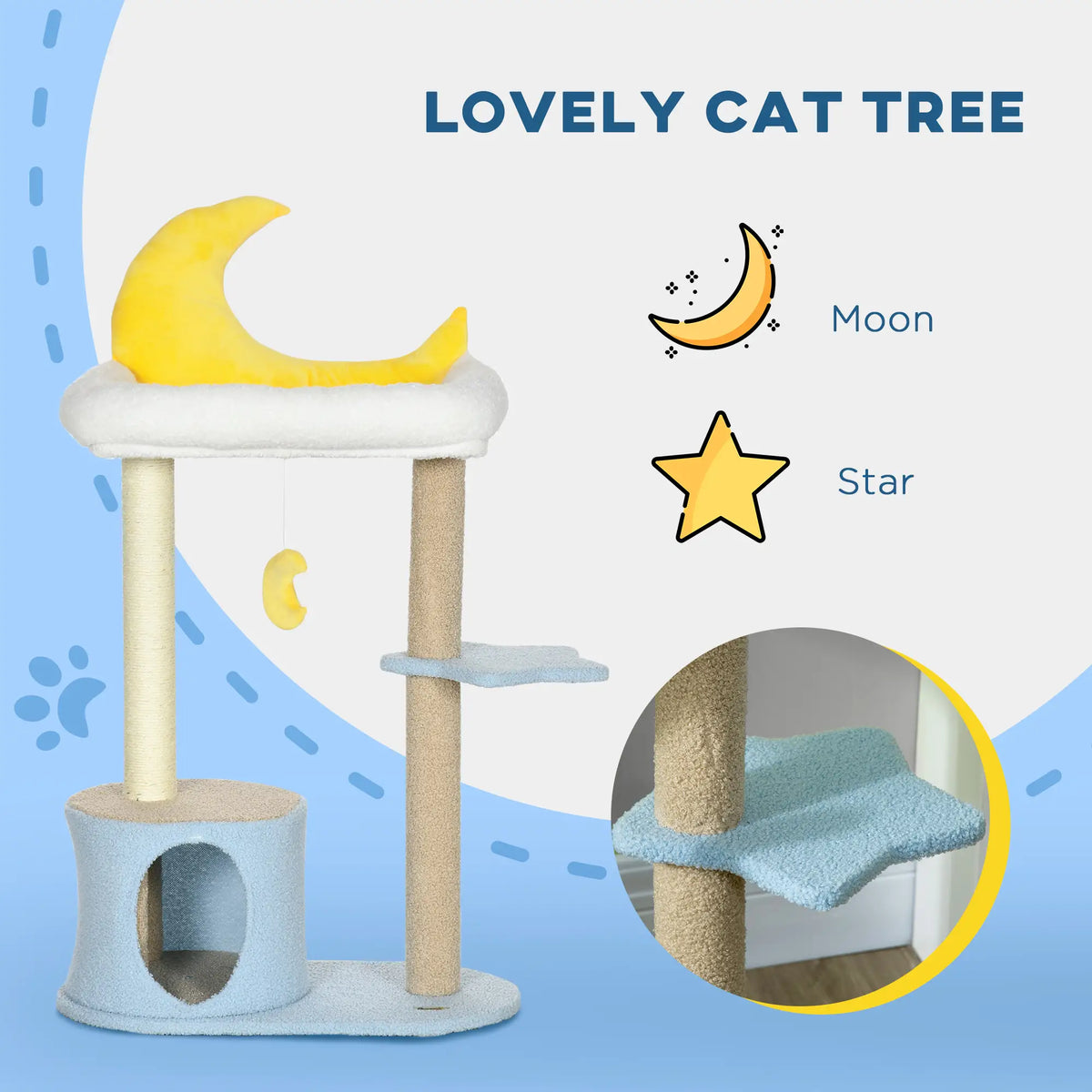 Moon Cat Tower, Teddy Fleece House Bed, Scratching Post, Hanging Toy, Star Platform 41", Blue Cat Towers at Gallery Canada