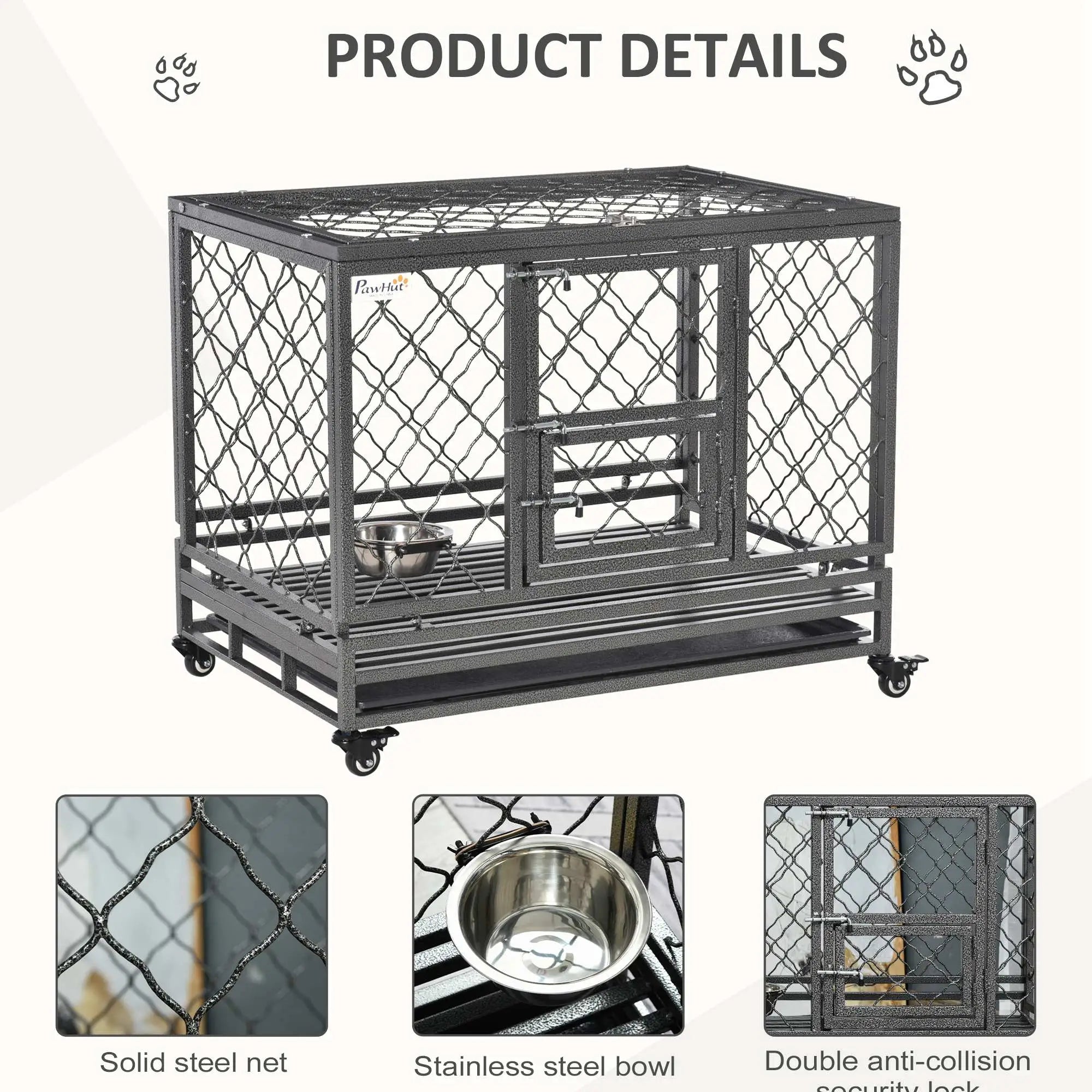 Heavy Duty Dog Crate With Wheels, Openable Top, Removable Tray, 36.4
