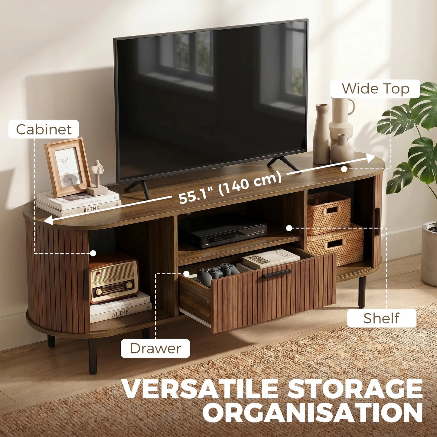 TV Stand for TVs up to 60", Modern Entertainment Center with Curved Sliding Doors and Storage, Brown