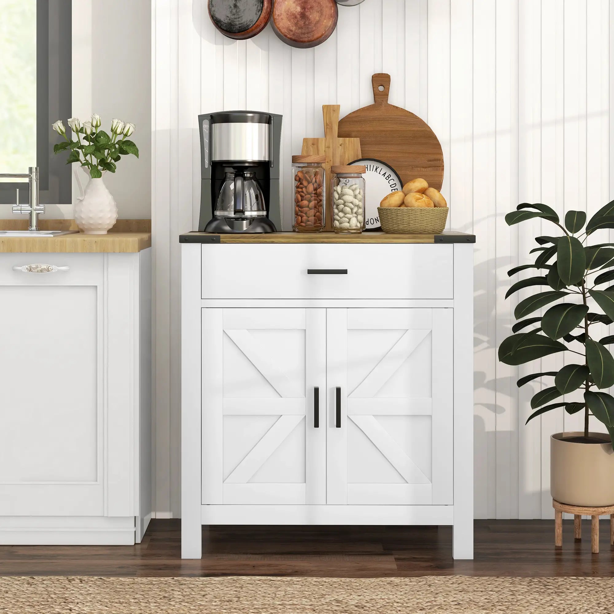 Farmhouse Buffet Cabinet, 1 Drawer, Storage Cabinet, Adjustable Shelf, White Bar Cabinets at Gallery Canada