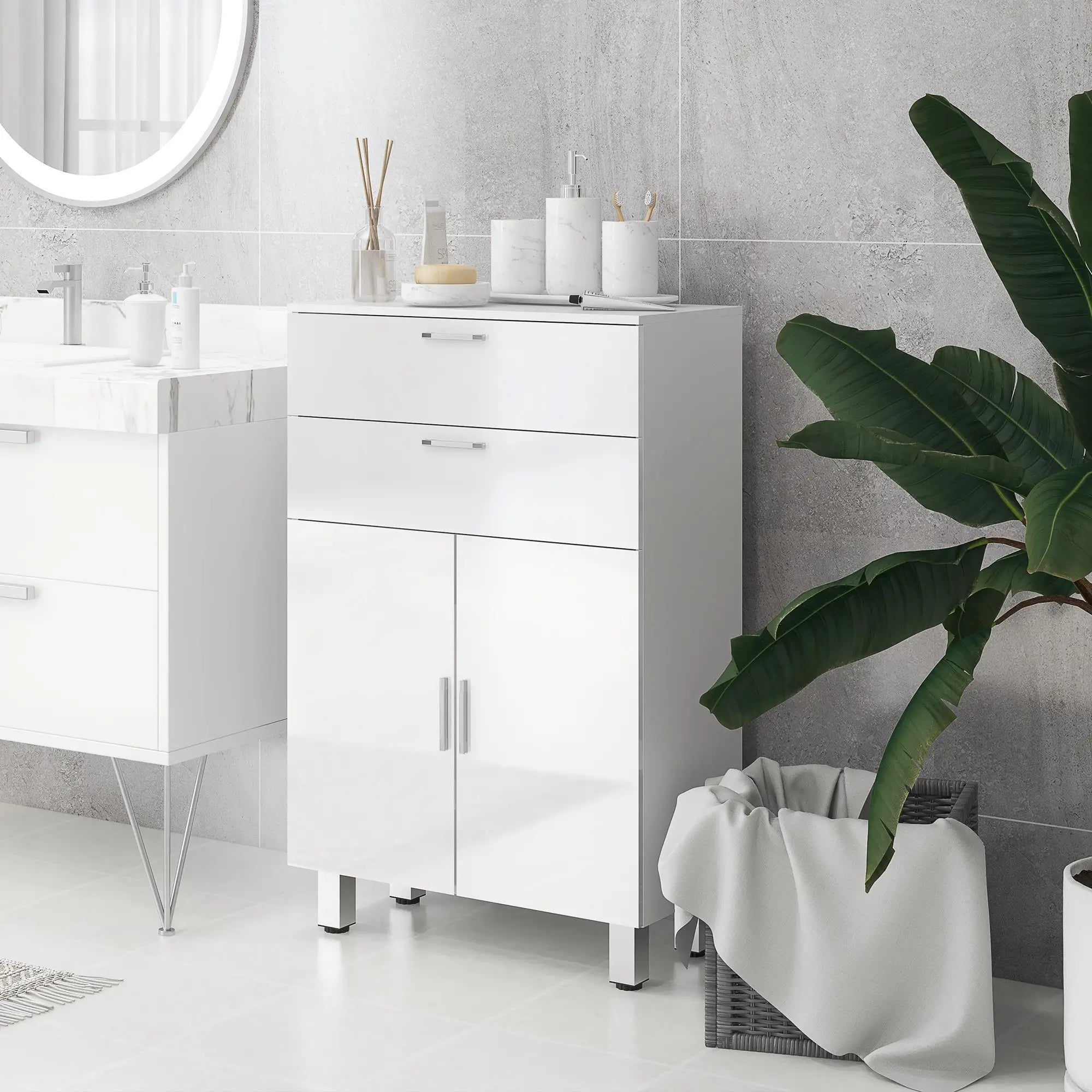 Bathroom Floor Cabinet, 2 High Gloss Drawers, White, White Freestanding Bathroom Cabinets at Gallery Canada