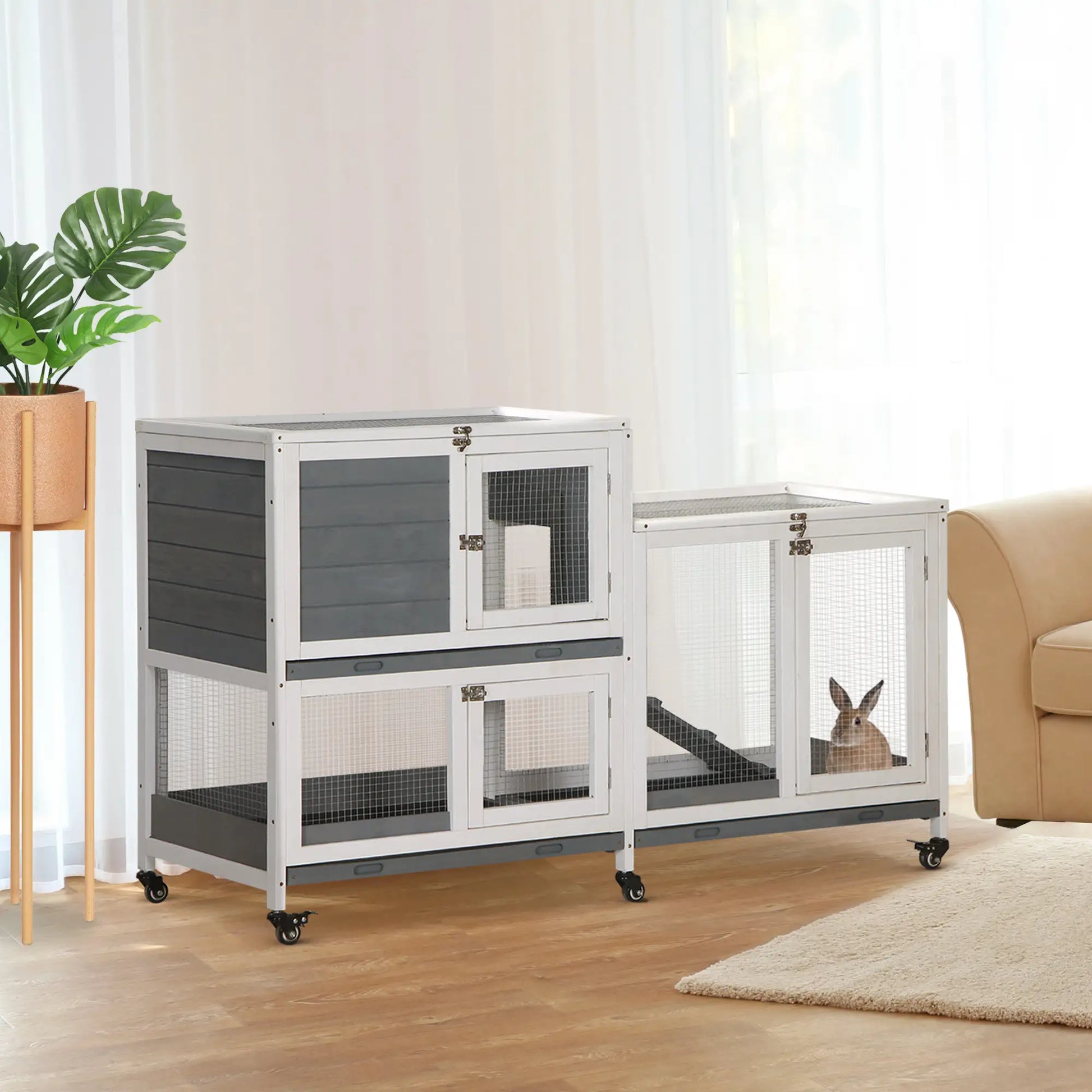 Wooden Rabbit Hutch, Bunny Cage, Small Animal Habitat, Slide-out Tray, Lockable Door, Openable Top, 58" x 18" x 35", Grey Rabbit Hutch at Gallery Canada