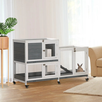 Wooden Rabbit Hutch, Bunny Cage, Small Animal Habitat, Slide-out Tray, Lockable Door, Openable Top, 58" x 18" x 35", Grey Rabbit Hutch at Gallery Canada
