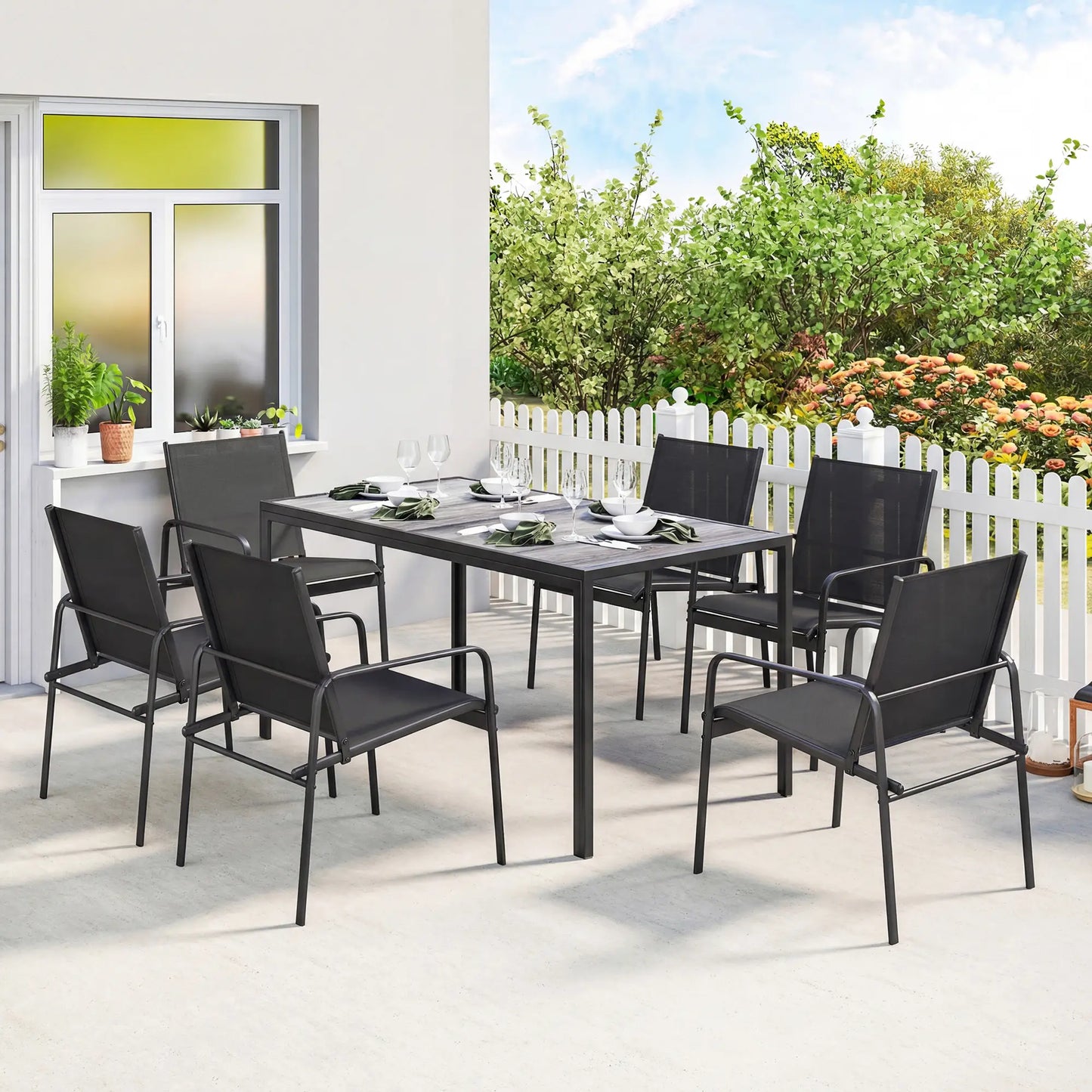Outdoor Dining Set For 6, Faux Wood Patio Table And Chairs, Black Outdoor Dining Sets at Gallery Canada