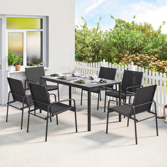 Outdoor Dining Set For 6, Faux Wood Patio Table And Chairs, Black