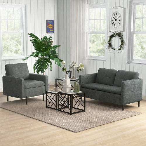 Modern Fabric Accent Armchair, Metal Legs, 2 Side Pockets, Grey