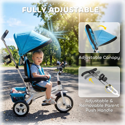 6 in 1 Toddler Tricycle Stroller, Basket, Canopy, 5-Point Harness, 12-60 Months, Blue Tricycles for Kids at Gallery Canada