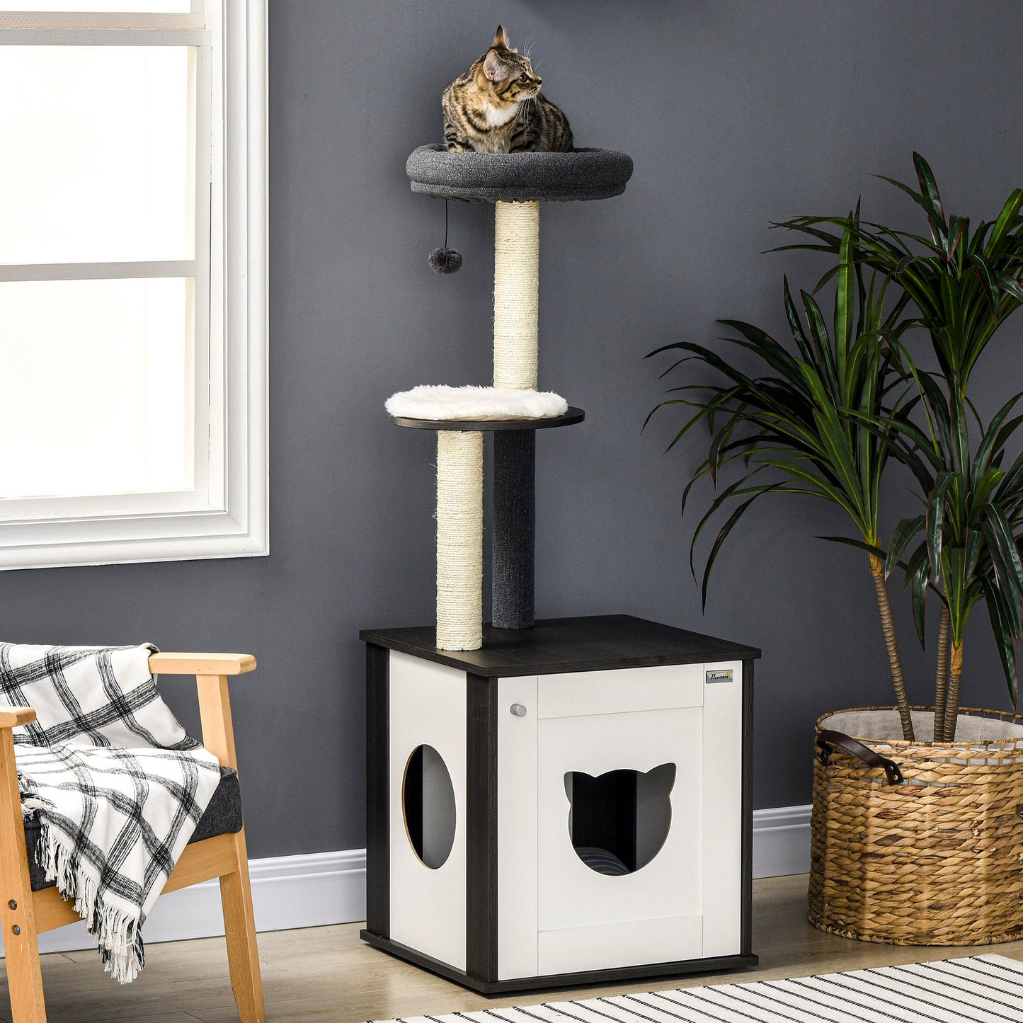 Cat Tree with Litter Box Enclosure, Kitty Tower with Scratching Posts Cat Bed Perch Ball Toy, for Indoor Cats, Charcoal Grey at Gallery Canada
