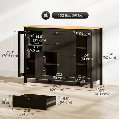 Buffet Cabinet Sideboard, 2 Drawers, 3 Storage Cabinets, Glass Doors, Dark Brown Bar Cabinets at Gallery Canada