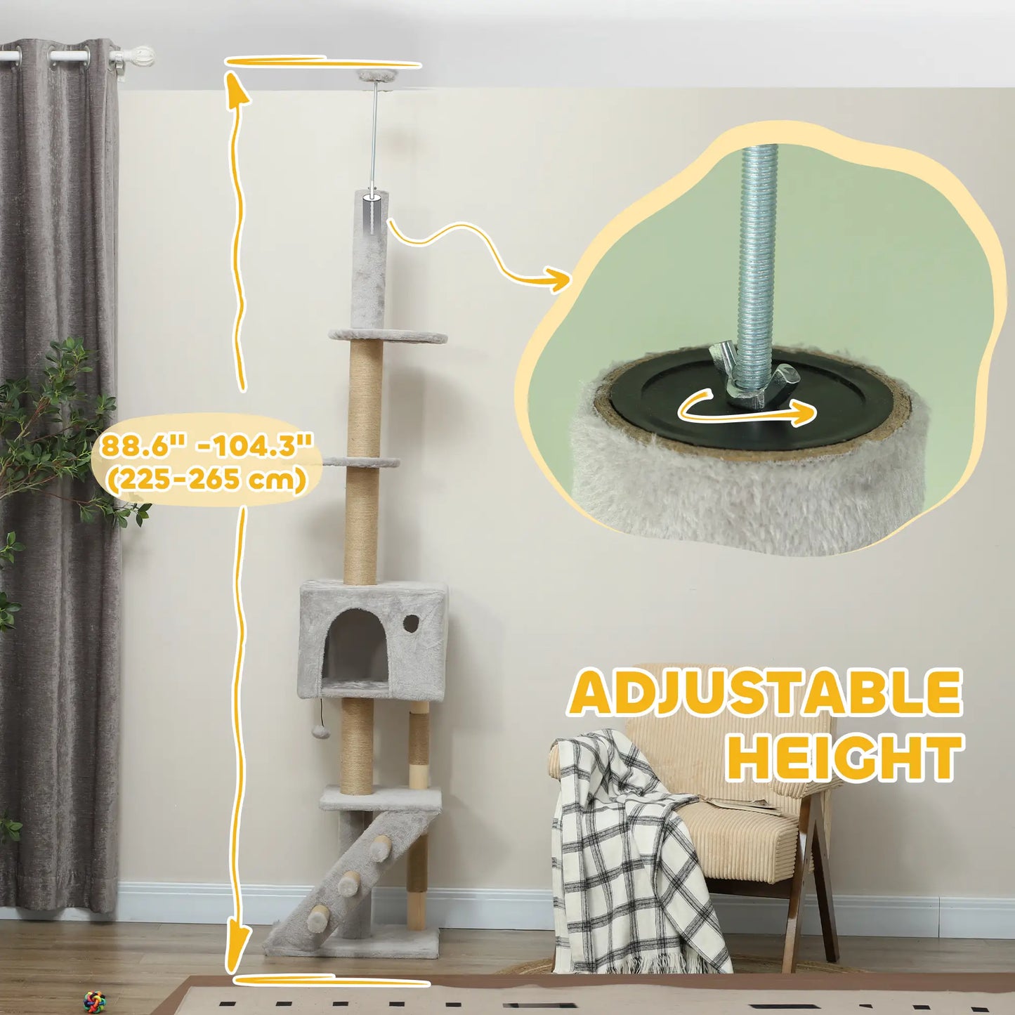 89"-104" Cat Tree, Scratching Post, Cat House, 3-Steps, Hanging Ball, Light Grey Floor to Ceiling Cat Trees at Gallery Canada